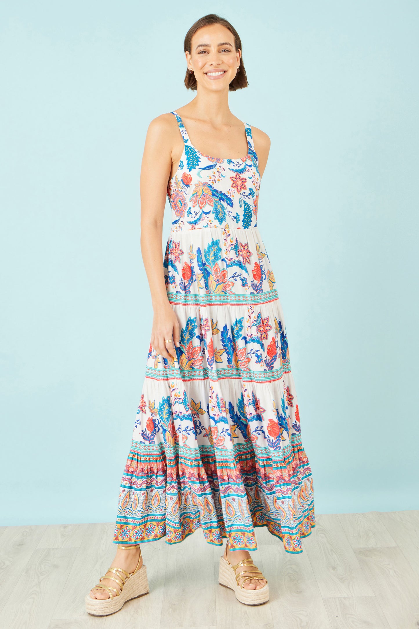 Yumi Blue Boho Block Print Tiered Maxi Dress Beachwear Yumi