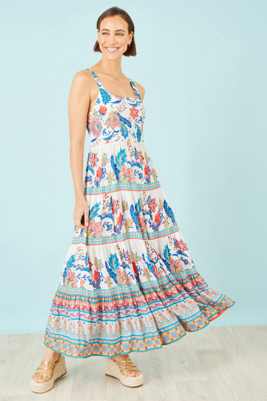 Yumi Blue Boho Block Print Tiered Maxi Dress Beachwear Yumi