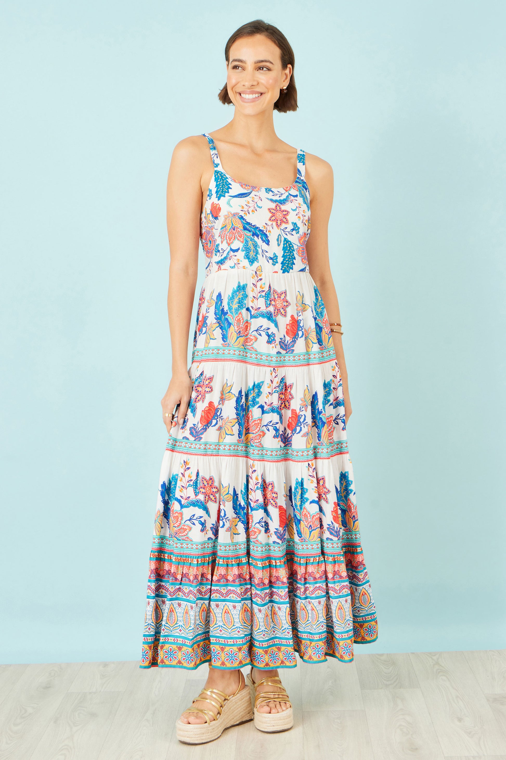 Yumi Blue Boho Block Print Tiered Maxi Dress Beachwear Yumi