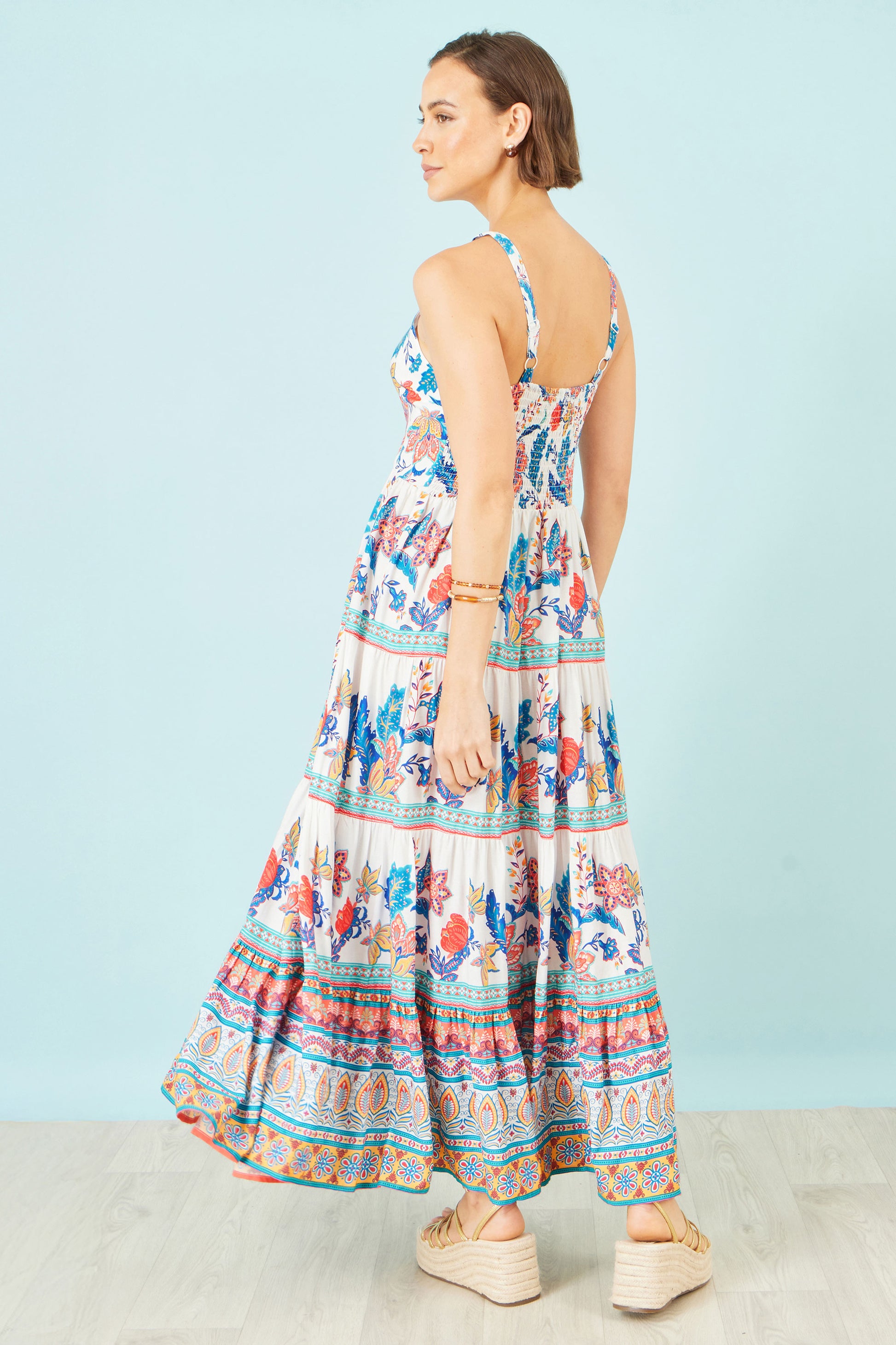 Yumi Blue Boho Block Print Tiered Maxi Dress Beachwear Yumi