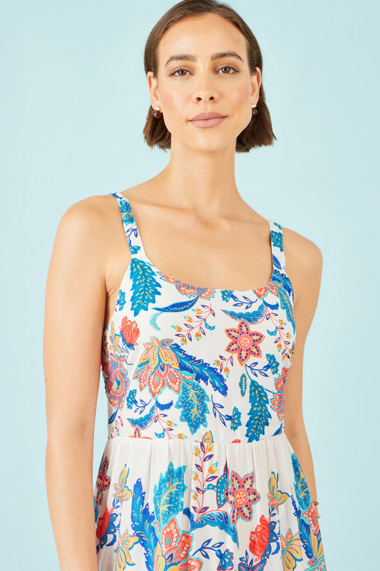 Yumi Blue Boho Block Print Tiered Maxi Dress Beachwear Yumi