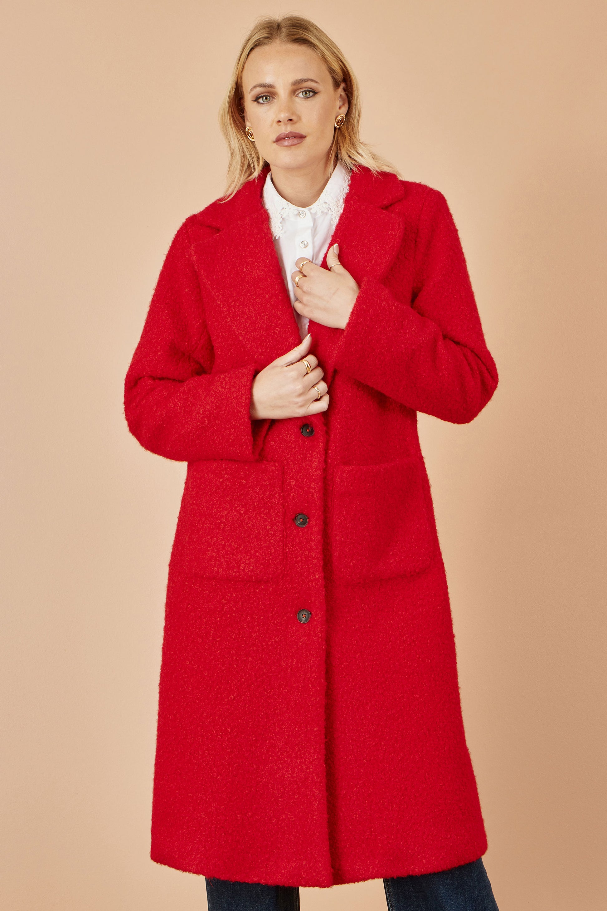 Yumi Red Boucle Long Line Coat COAT Yumi