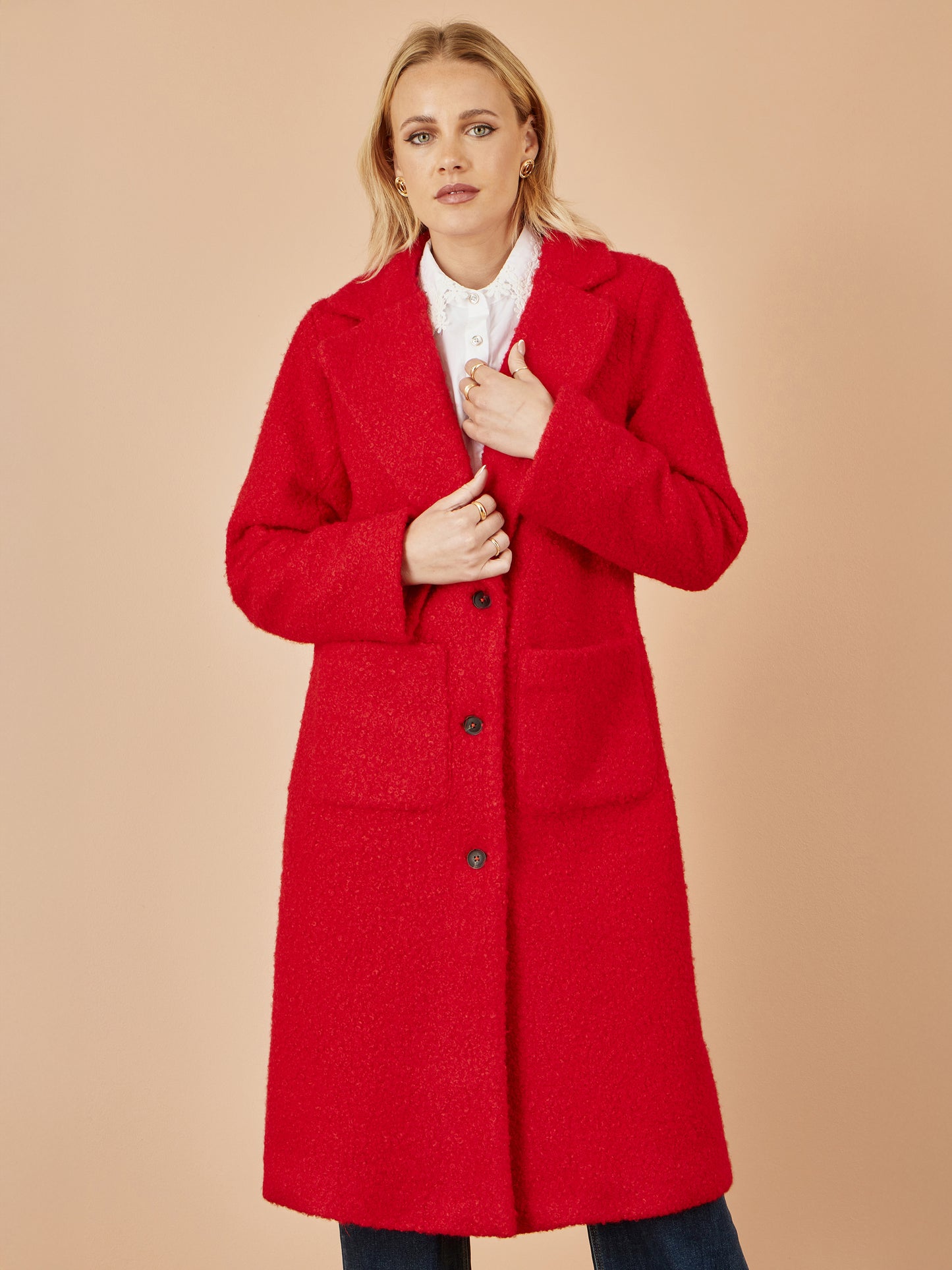 Yumi Red Boucle Long Line Coat COAT Yumi