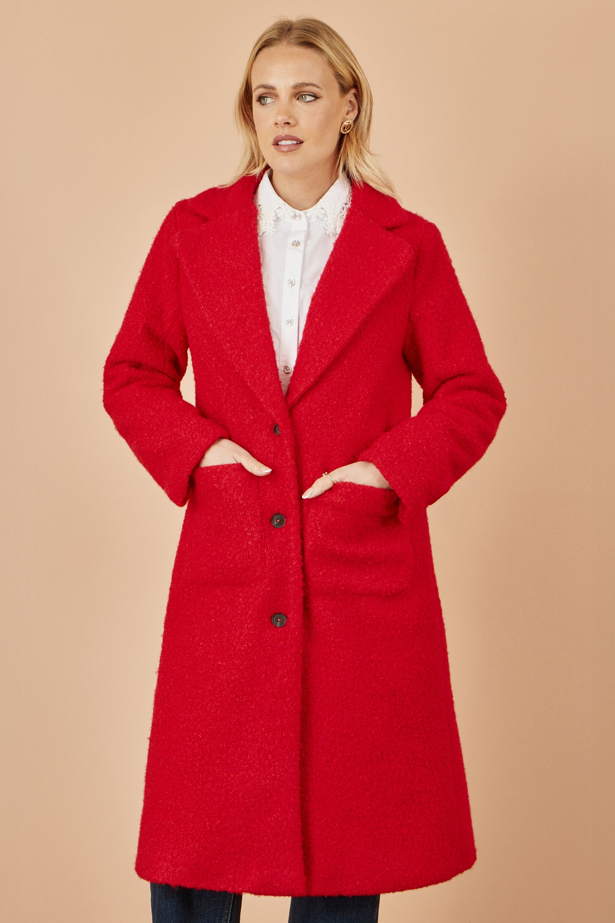 Yumi Red Boucle Long Line Coat | Yumi