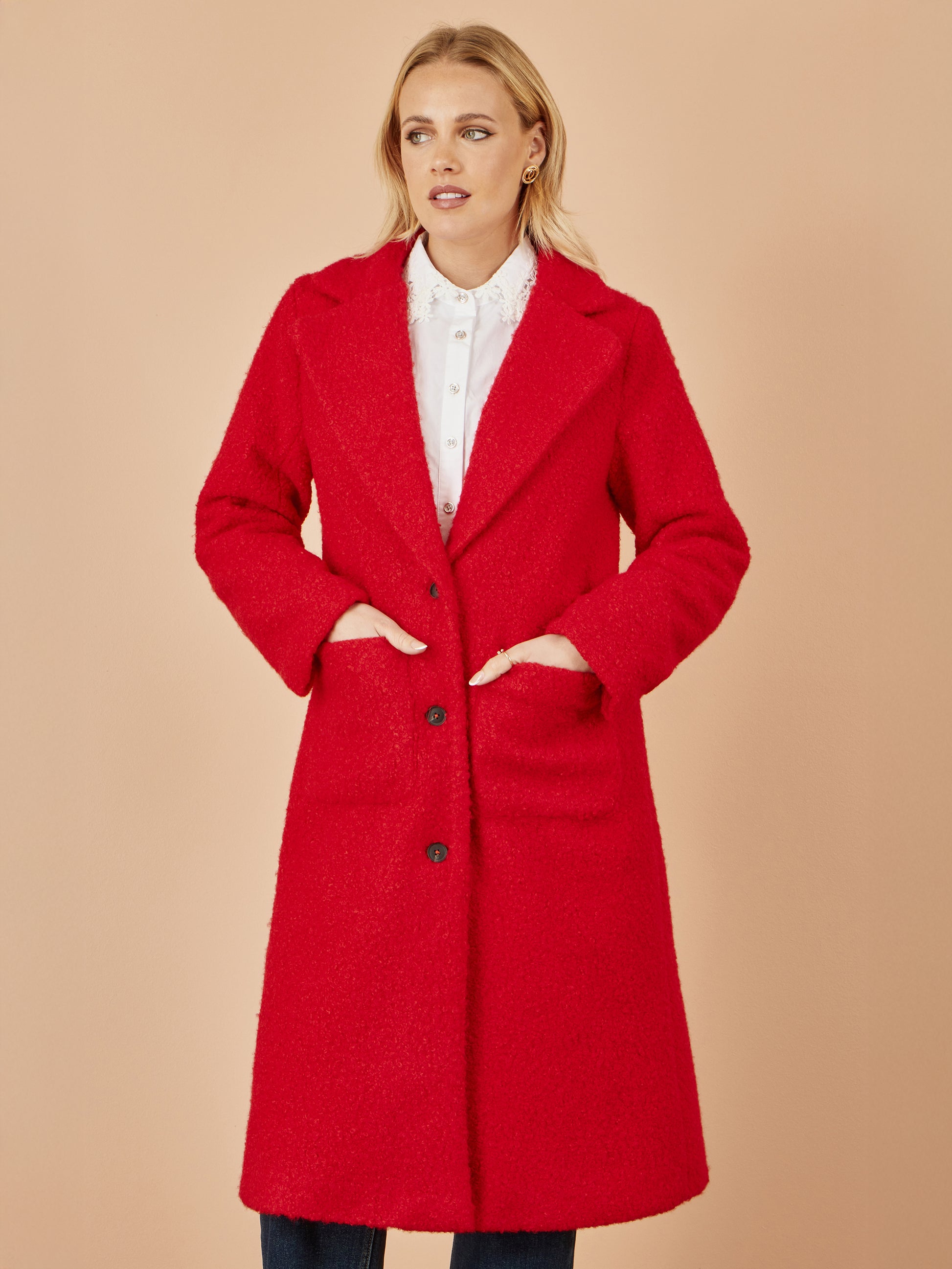 Yumi Red Boucle Long Line Coat COAT Yumi