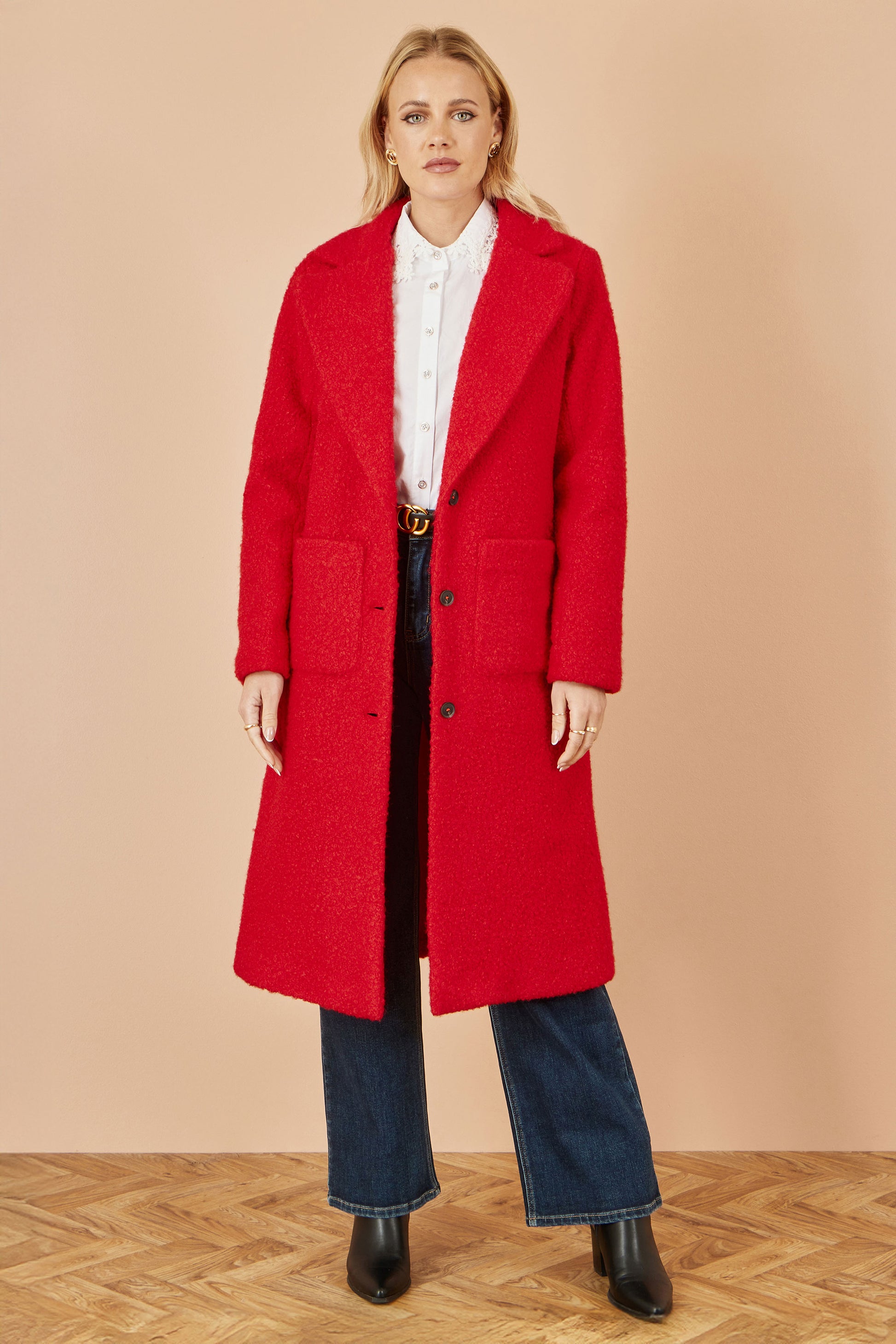 Yumi Red Boucle Long Line Coat COAT Yumi