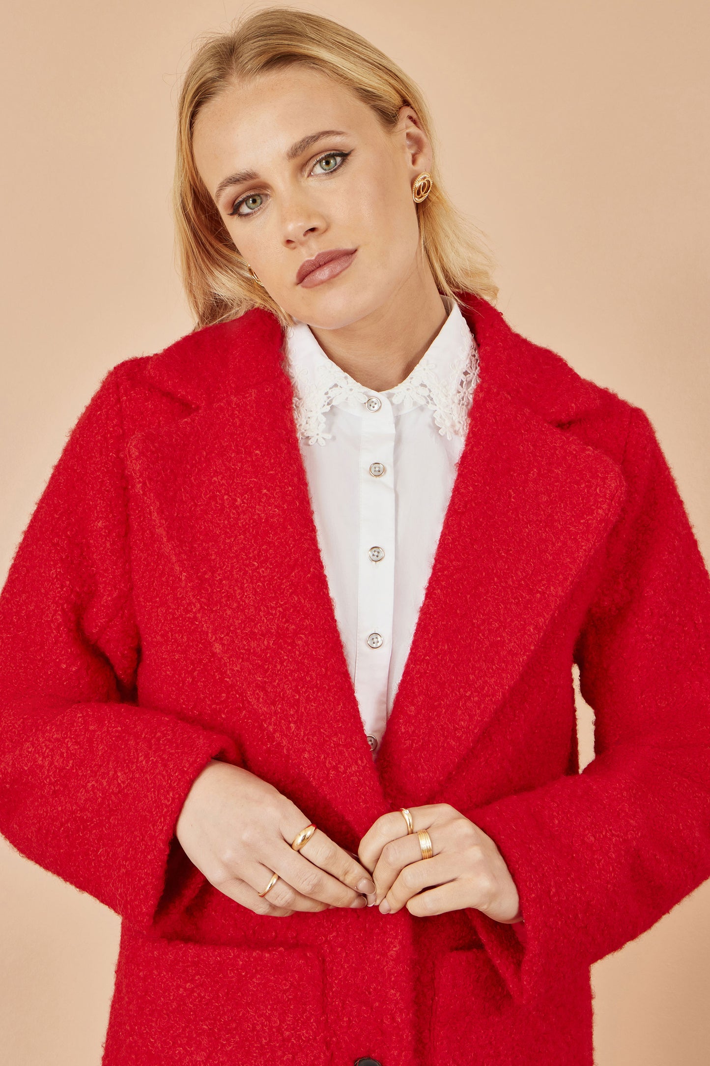 Yumi Red Boucle Long Line Coat COAT Yumi
