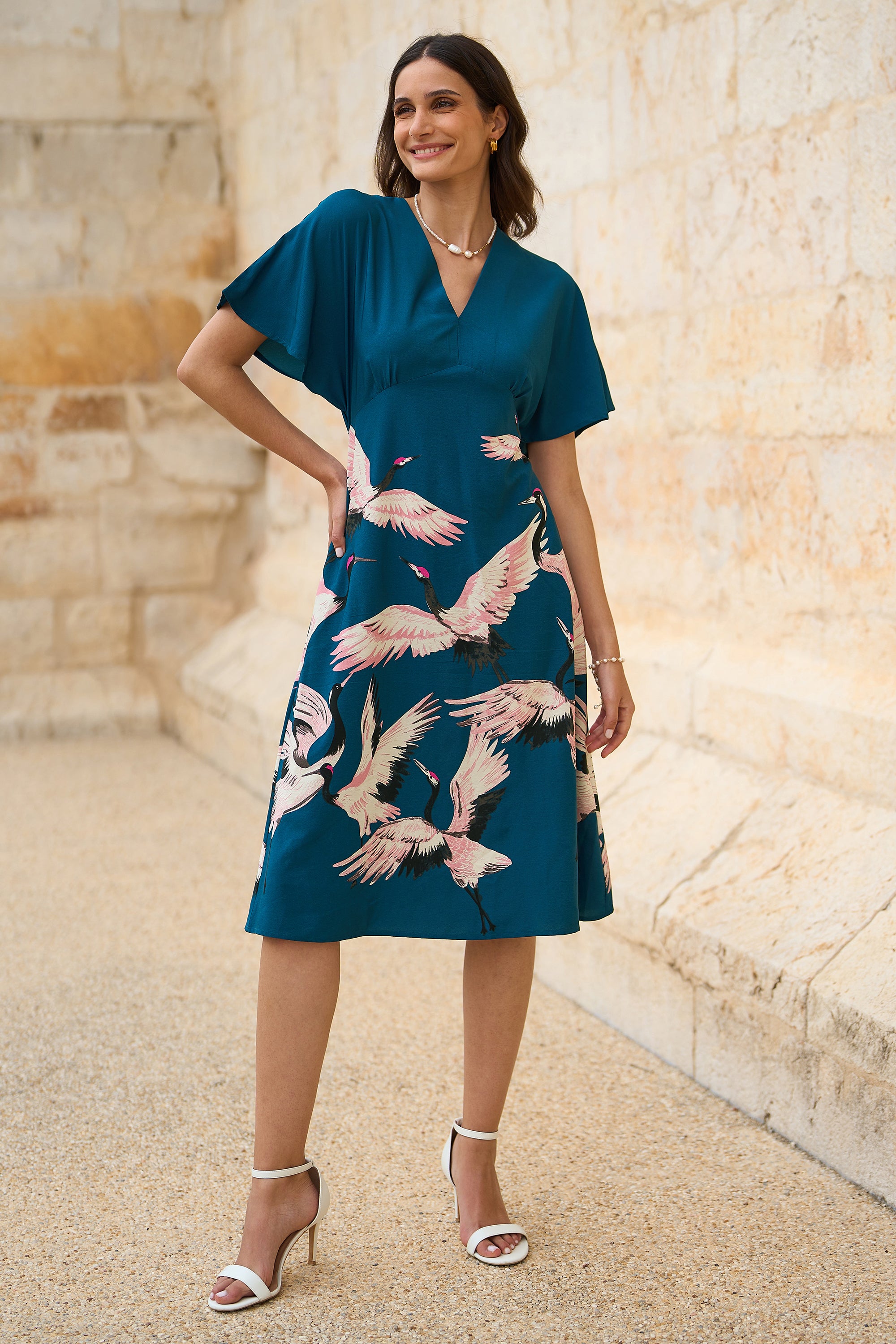 Recycled Fabric Crane Print Kimono Midi Dress