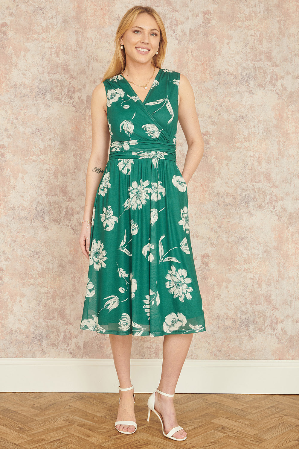 Yumi Green Floral Pleated Midi Wrap Long Sleeve Dress Occasionwear Yumi