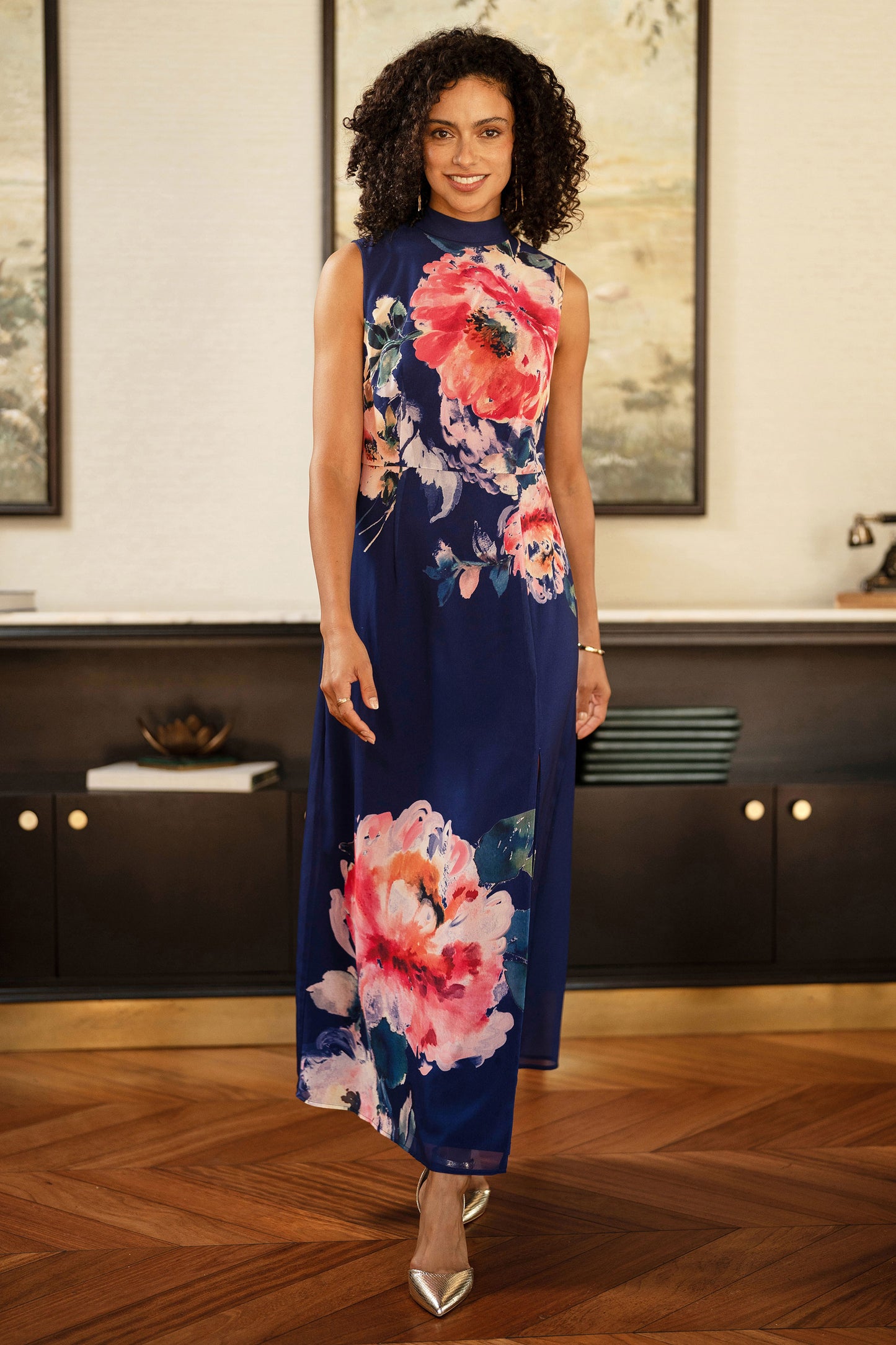 Yumi Navy Flower Halter Neck Maxi Dress Dress Occasion Yumi