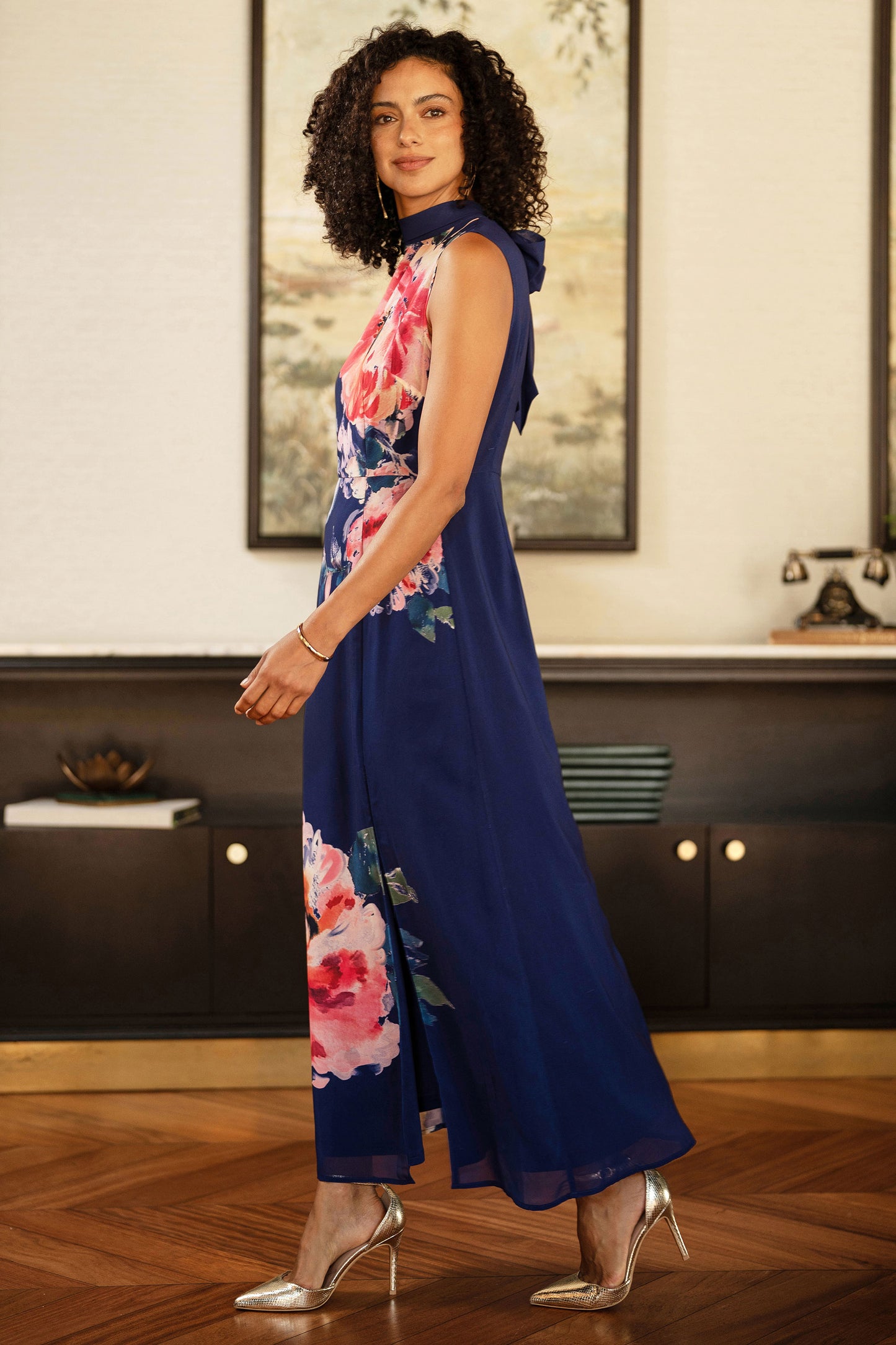 Yumi Navy Flower Halter Neck Maxi Dress Dress Occasion Yumi