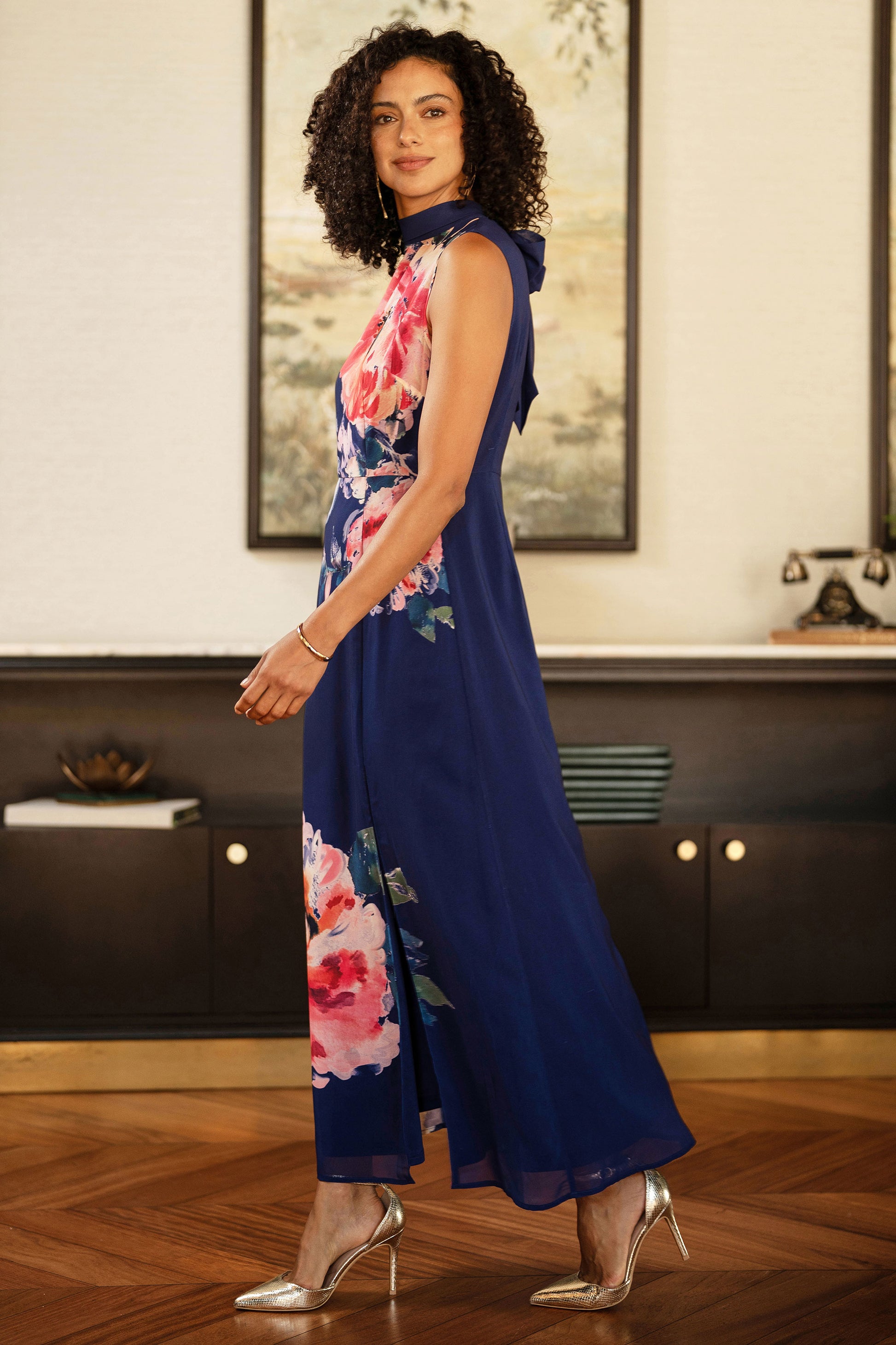 Yumi Navy Flower Halter Neck Maxi Dress Dress Occasion Yumi