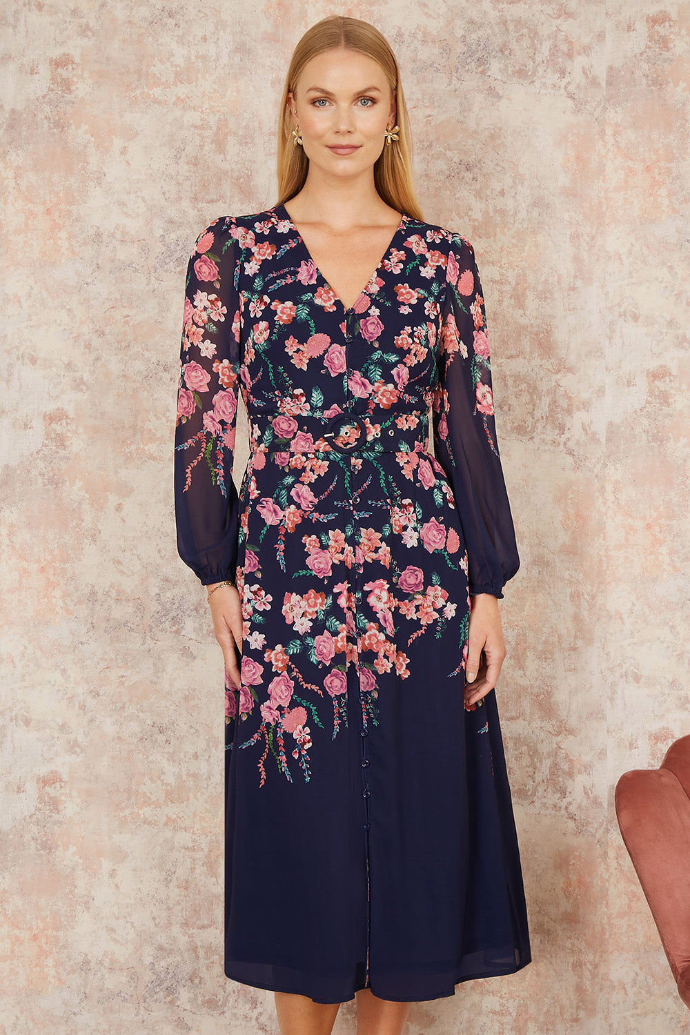 Button Up Midi Dress Floral Placement Long Sleeves