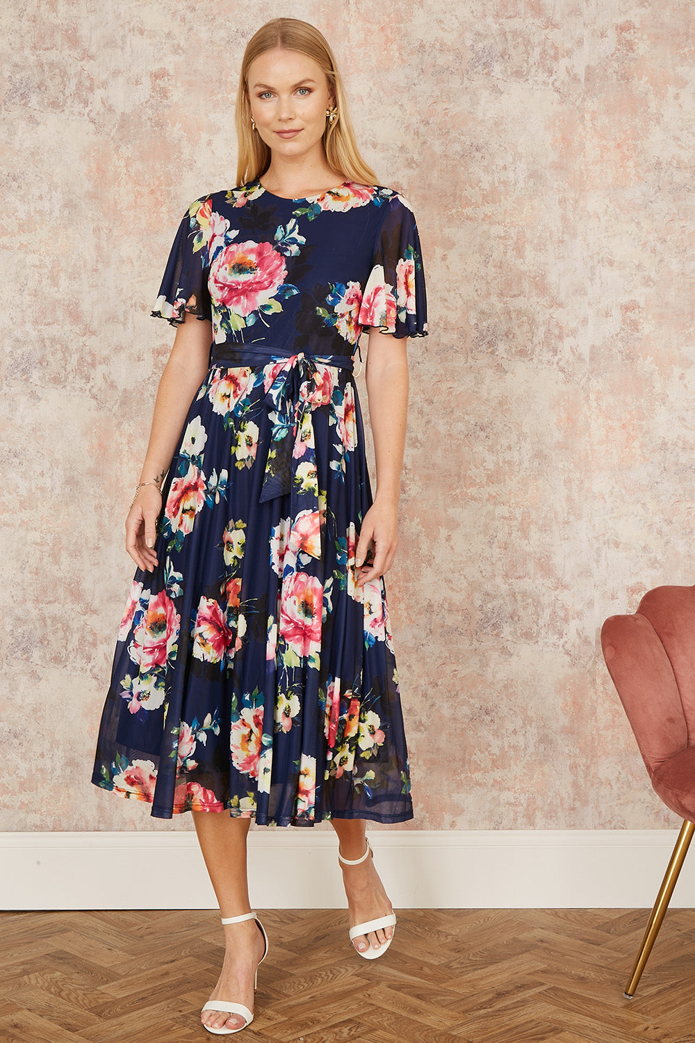 Mesh Floral Print Midi Dress Angel Sleeves