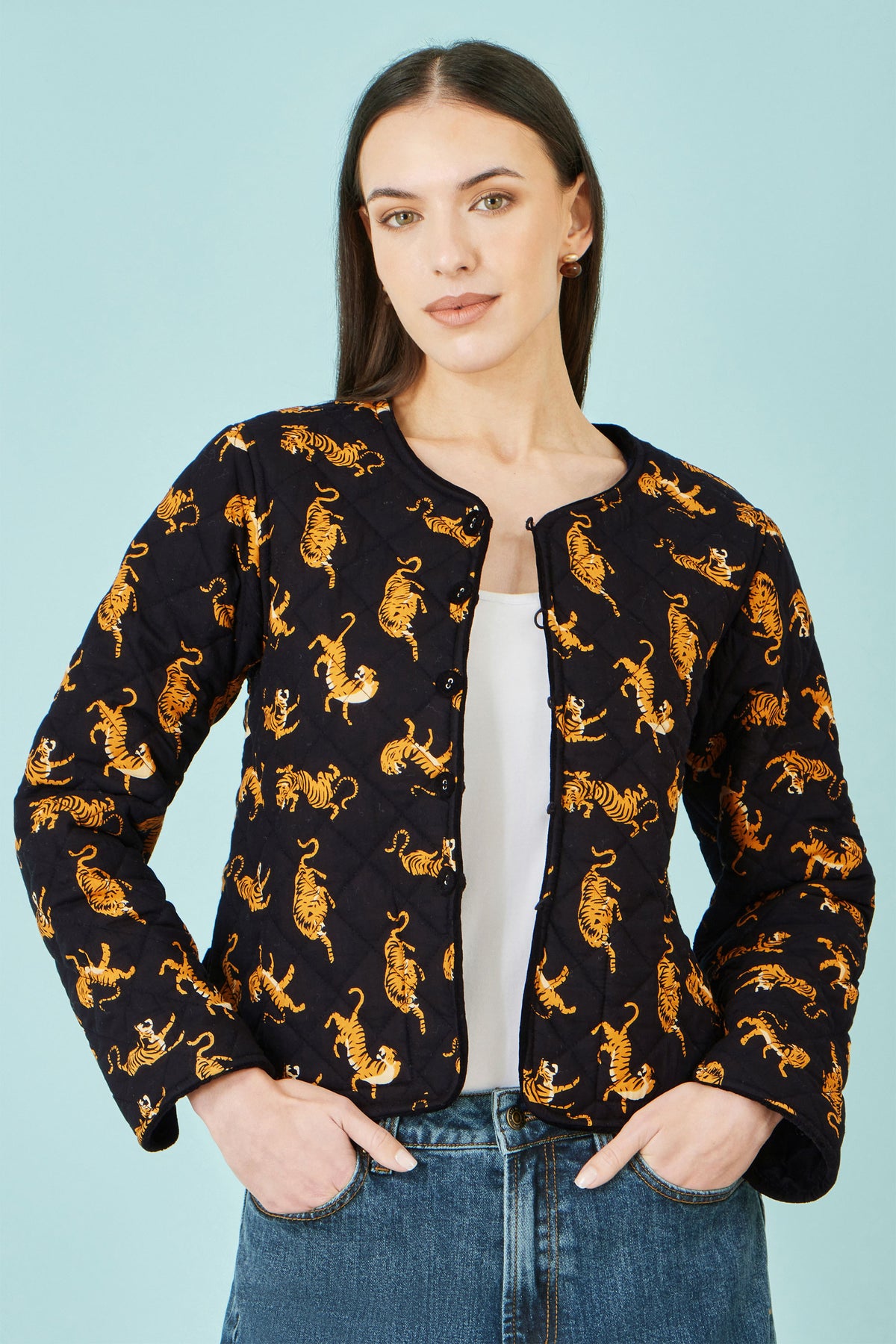 Yumi Black Velvet Quilted Jacket With Reversible Leopard Lining Yumi