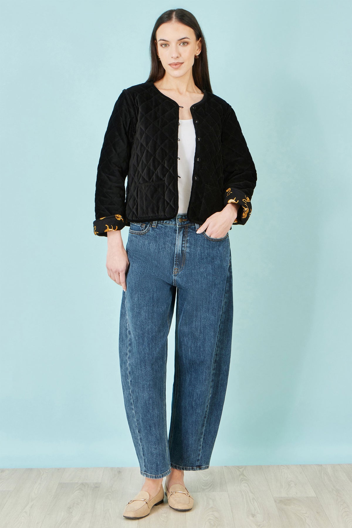 Yumi Black Velvet Quilted Jacket With Reversible Leopard Lining Yumi