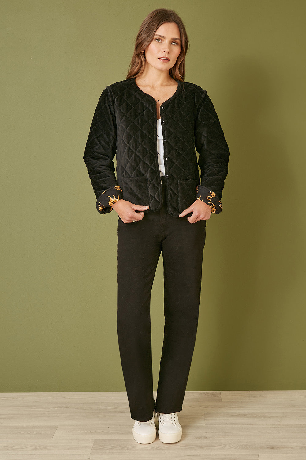 Yumi Black Velvet Quilted Jacket With Reversible Leopard Lining Yumi