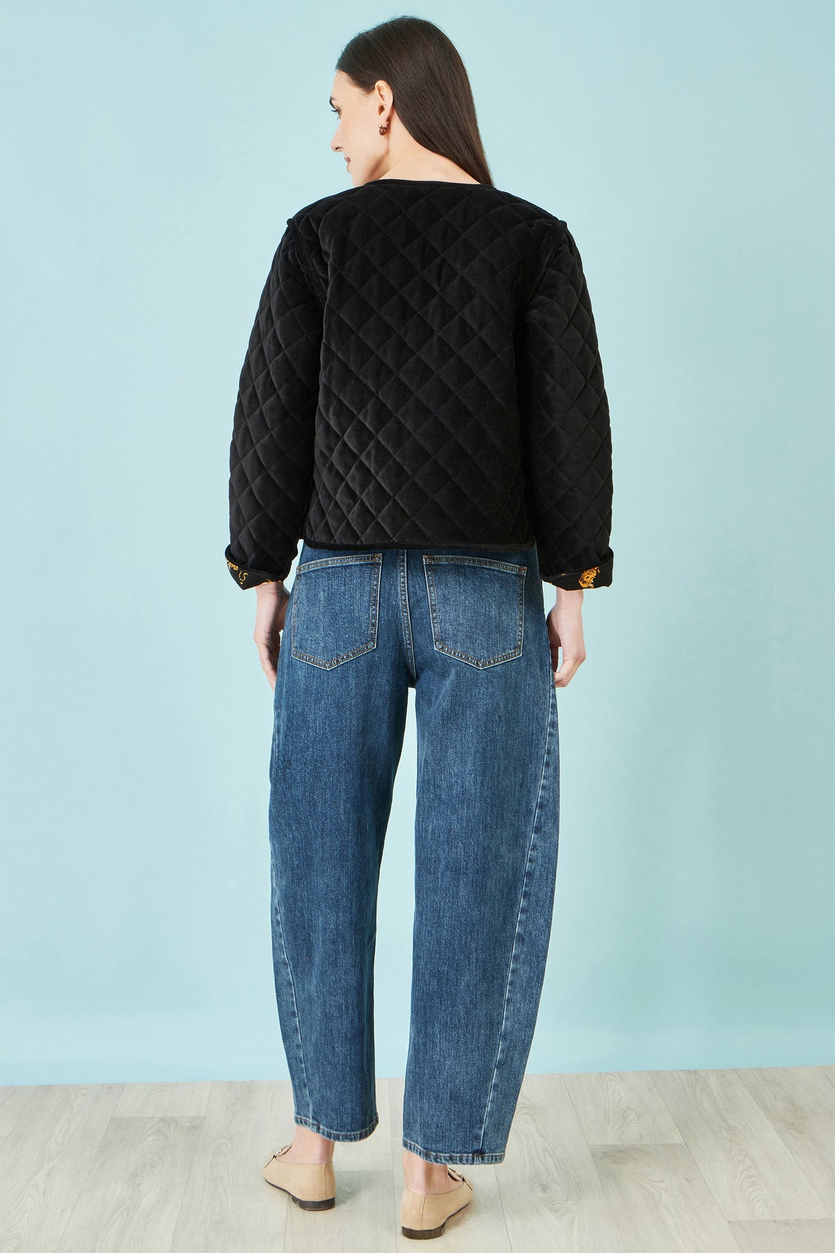 Yumi Black Velvet Quilted Jacket With Reversible Leopard Lining Yumi