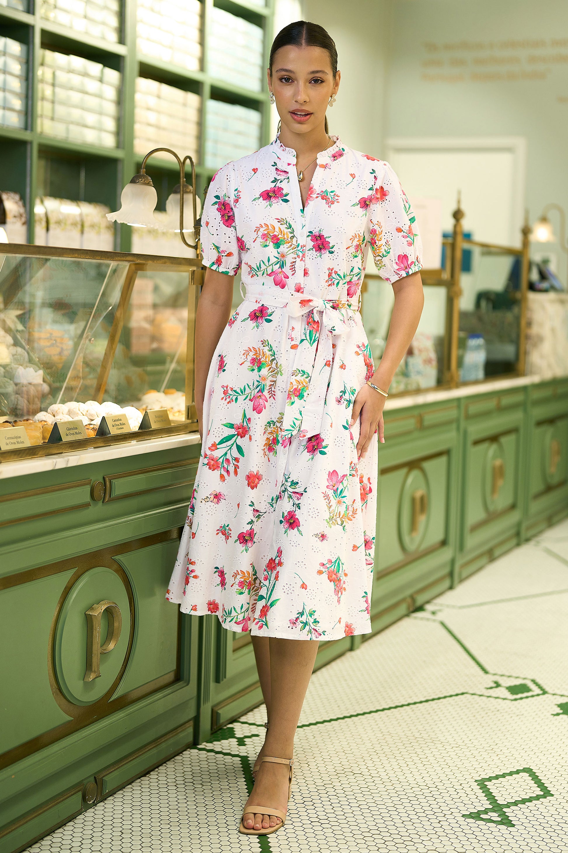 Yumi White Floral Print Cotton Broderie Anglaise Midi Shirt Dress Beachwear Yumi