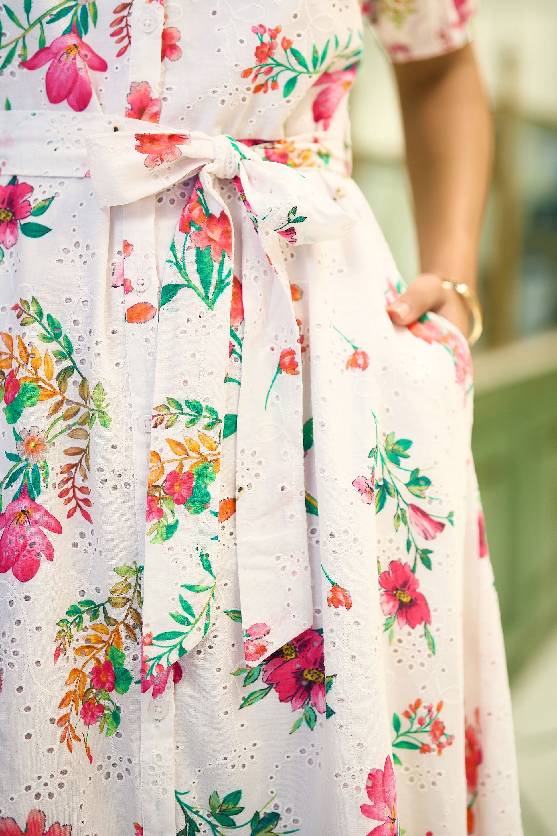 Yumi White Floral Print Cotton Broderie Anglaise Midi Shirt Dress Beachwear Yumi