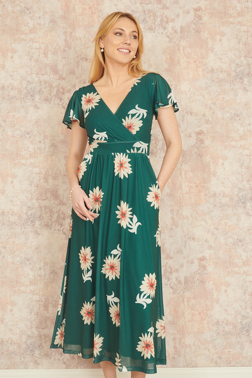 Mesh Flower Wrap Midi Dress Pockets