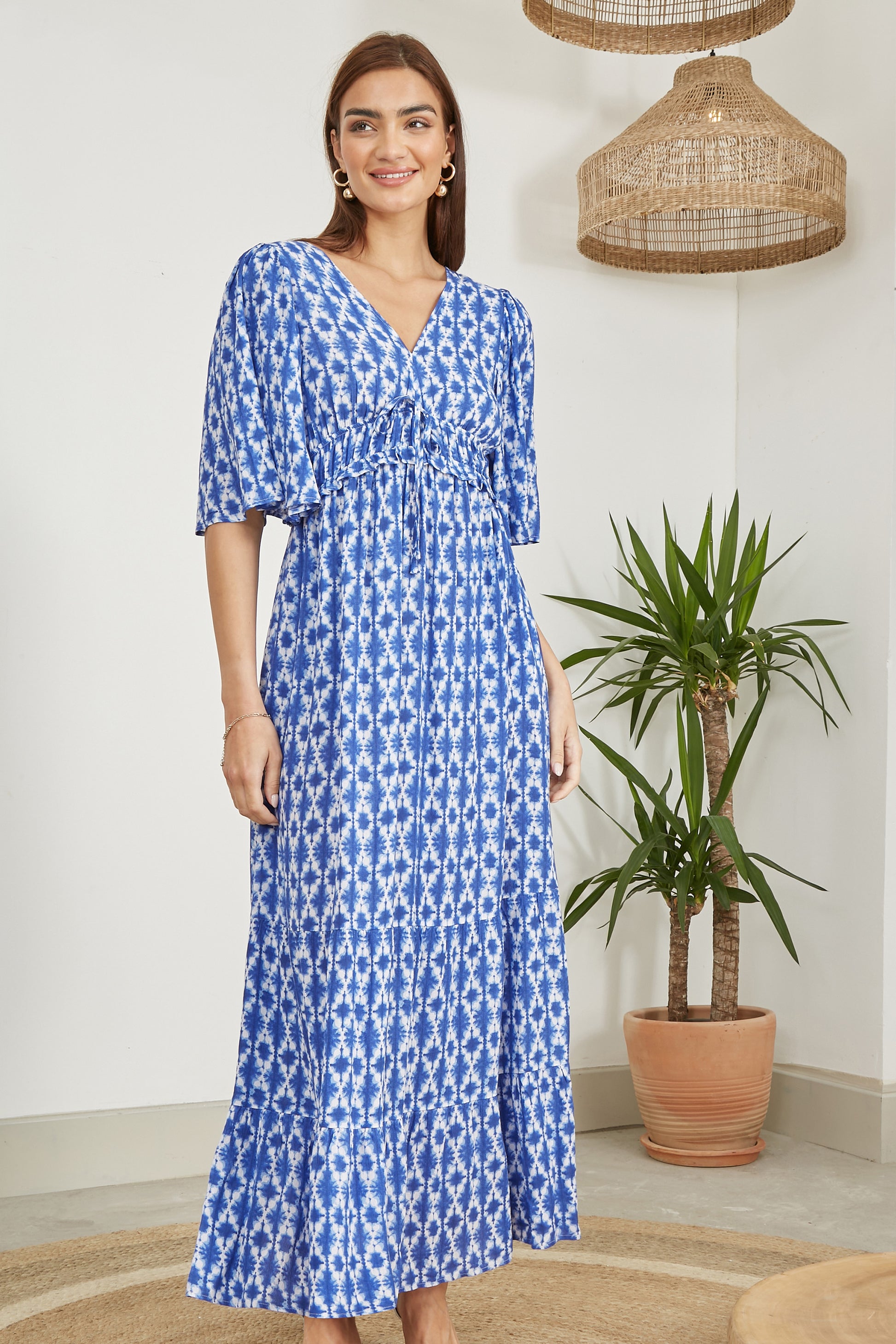 blue aztec dress Broken Bow Cold Shoulder Maxi Dress in Blue Aztec Blue Aztec / L
