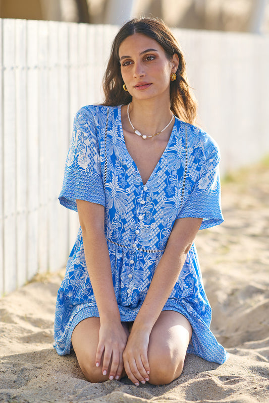 Yumi Blue Viscose Palm Relaxed Tunic Beachwear Yumi