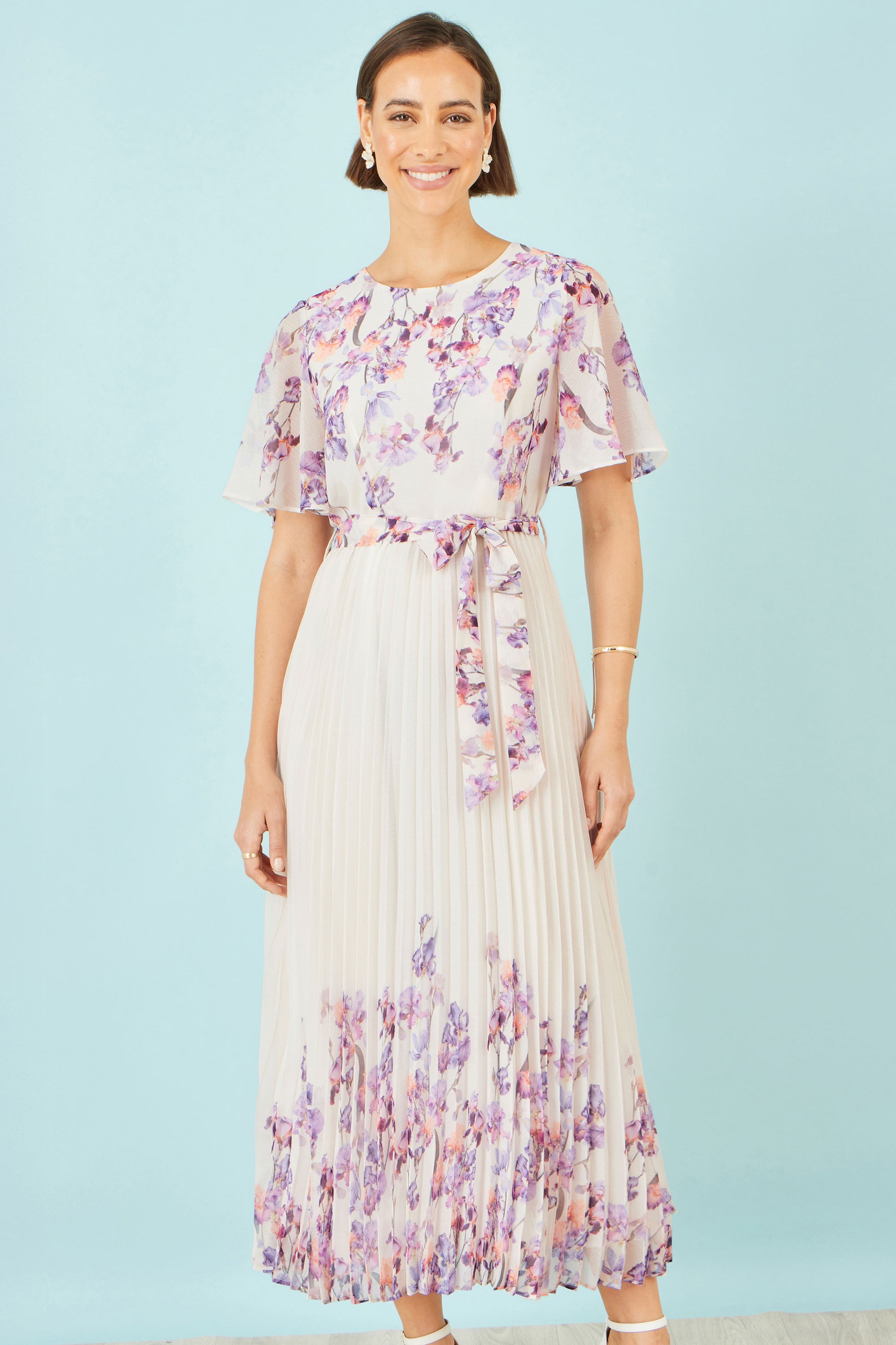 Yumi Ivory Floral Mirror Pleated Midi Dress Dress Occasion Yumi