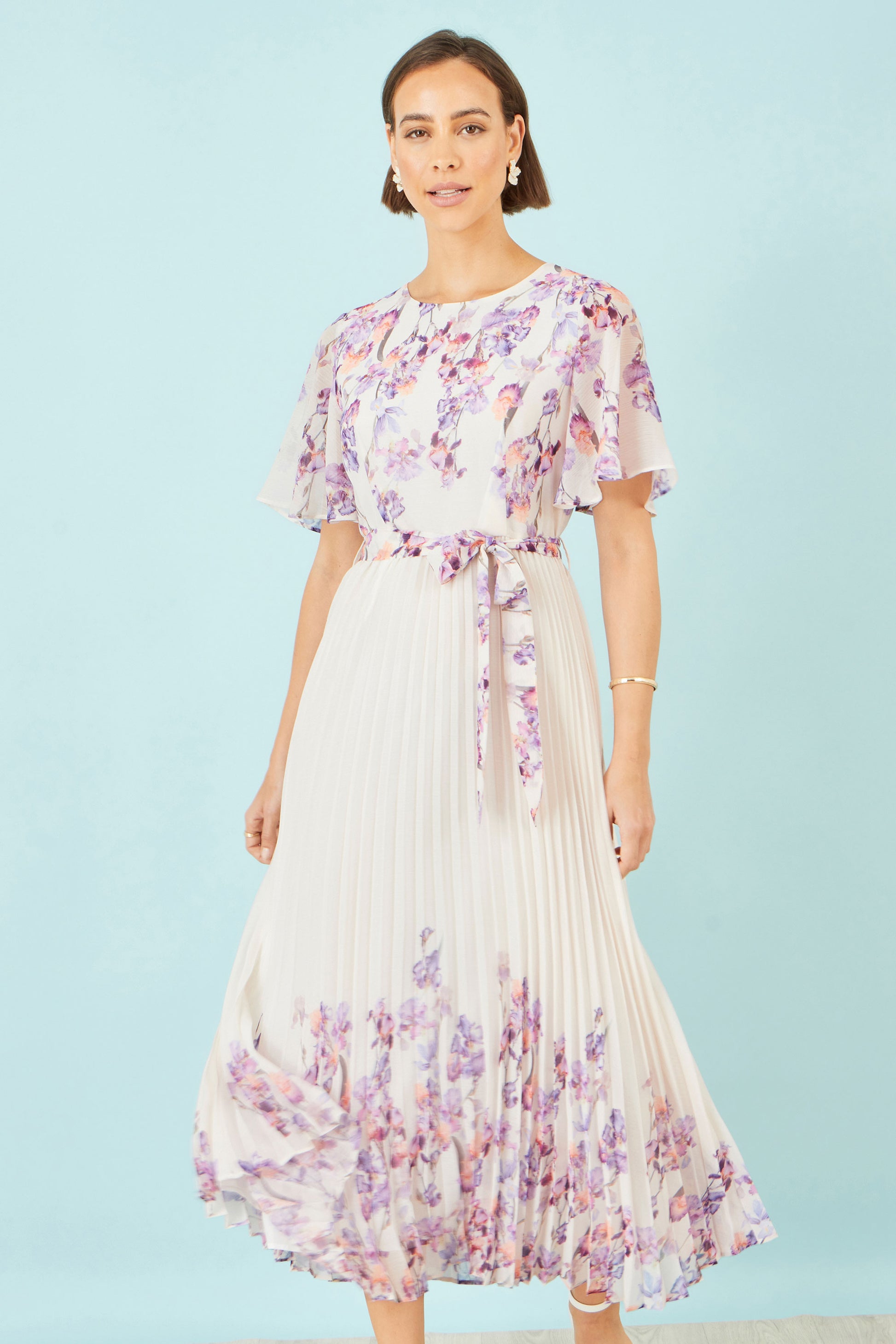 Yumi Ivory Floral Mirror Pleated Midi Dress Dress Occasion Yumi