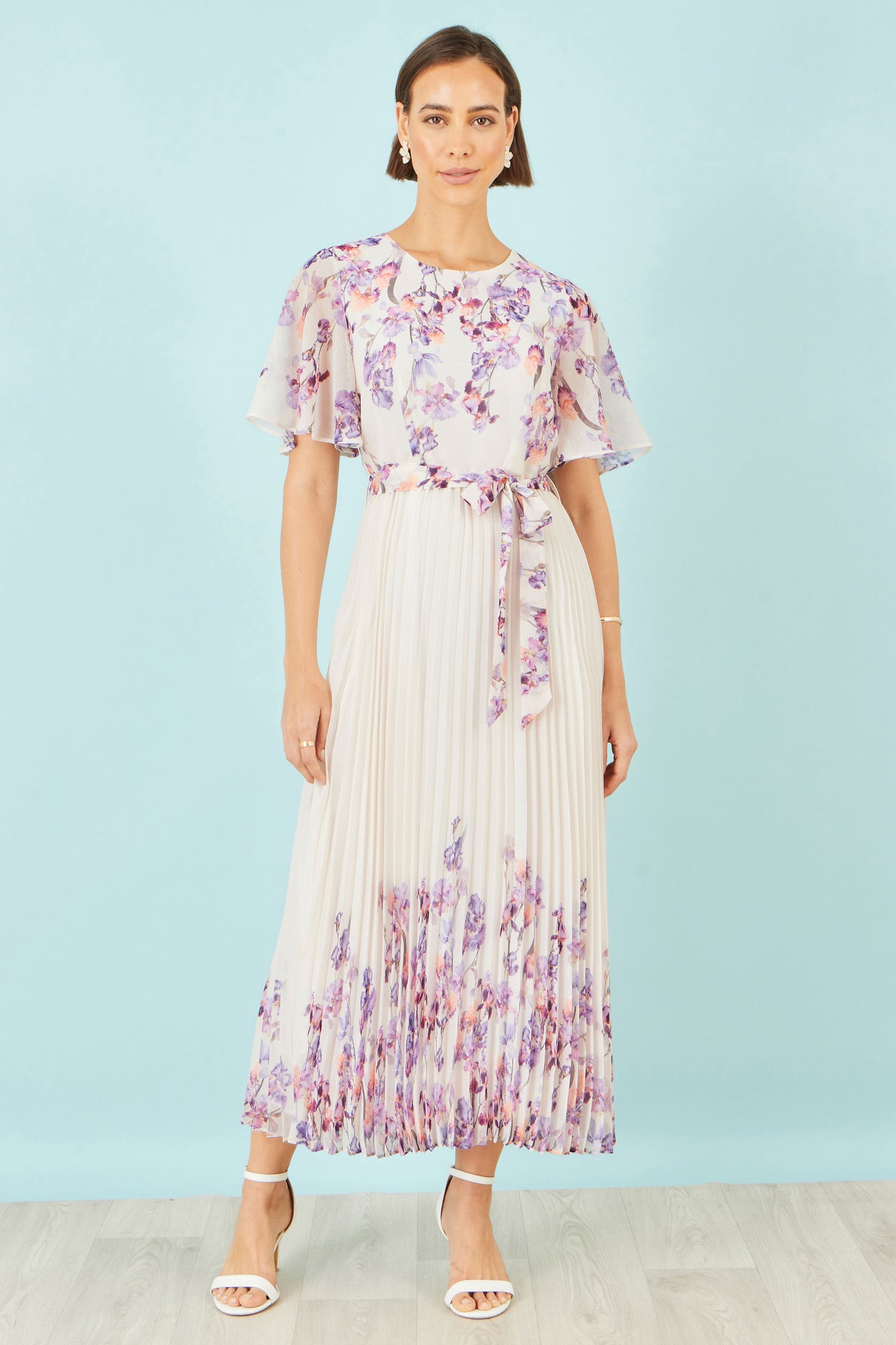Yumi Ivory Floral Mirror Pleated Midi Dress Dress Occasion Yumi