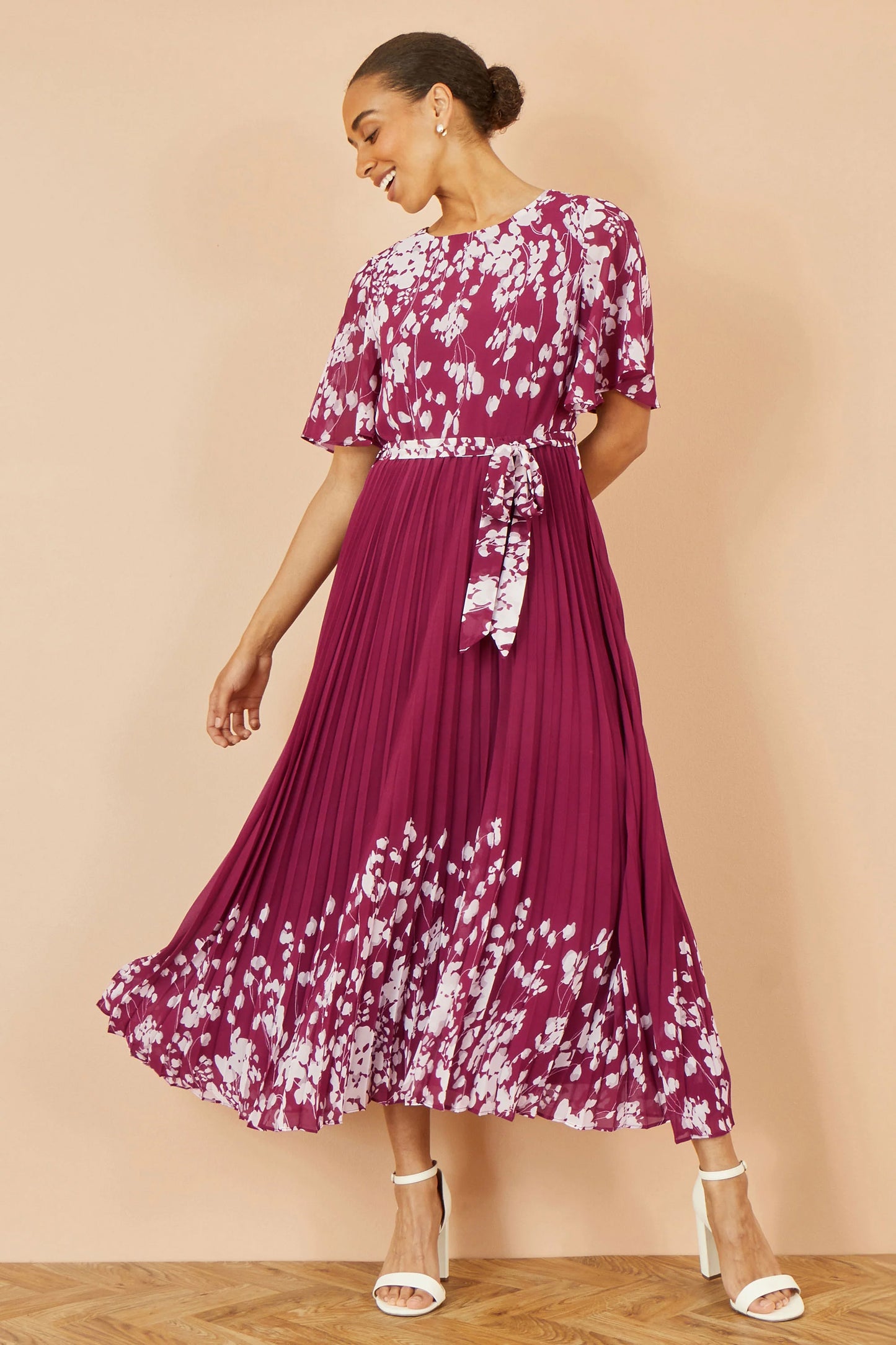 Yumi Burgundy Mirror Floral Design Pleated Midi Dress Dress Occasion Yumi