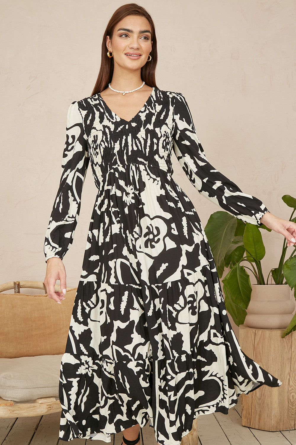 Abstract Print Ruched Midi Dress Long Sleeves