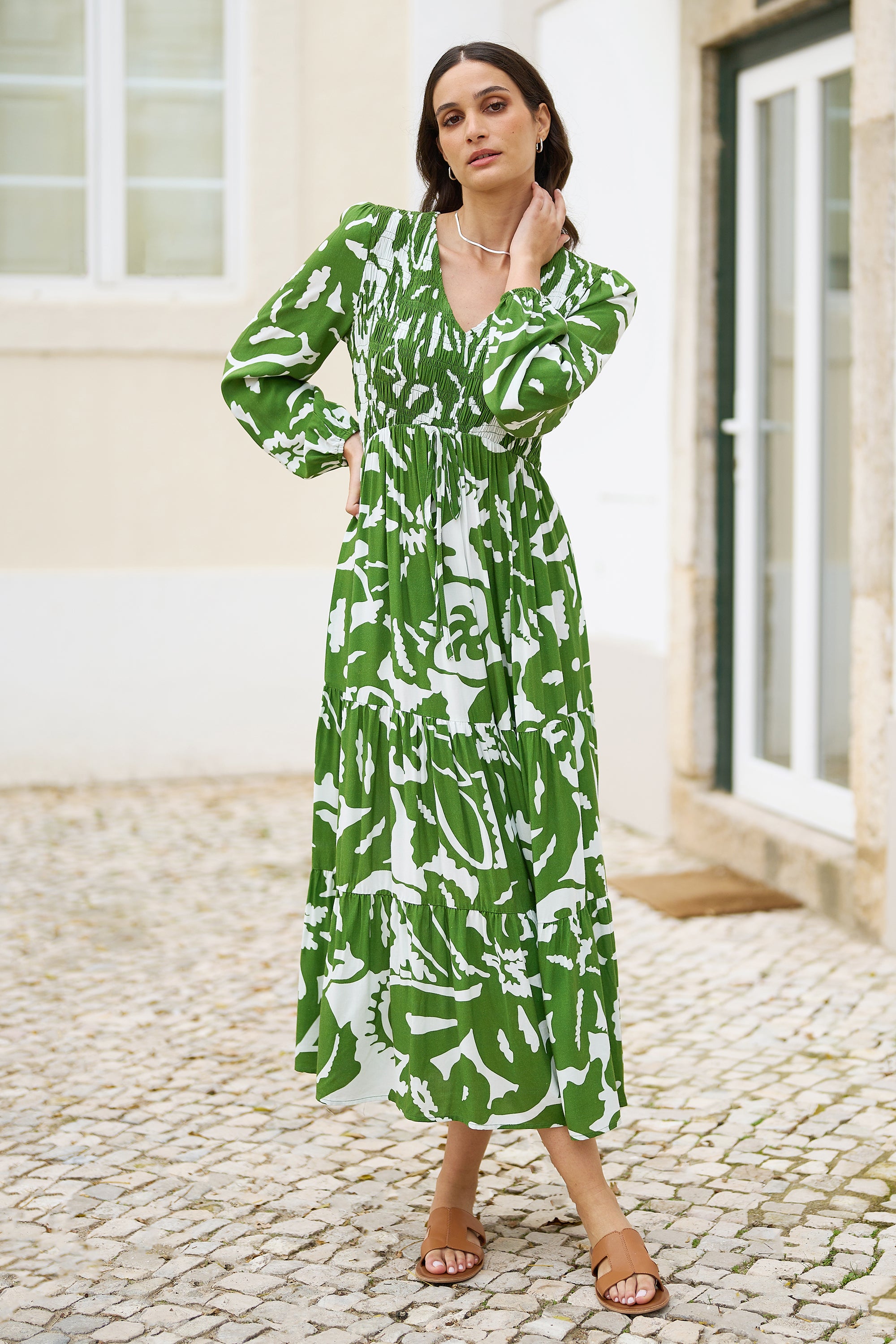 Abstract Print Ruched Midi Dress Long Sleeves