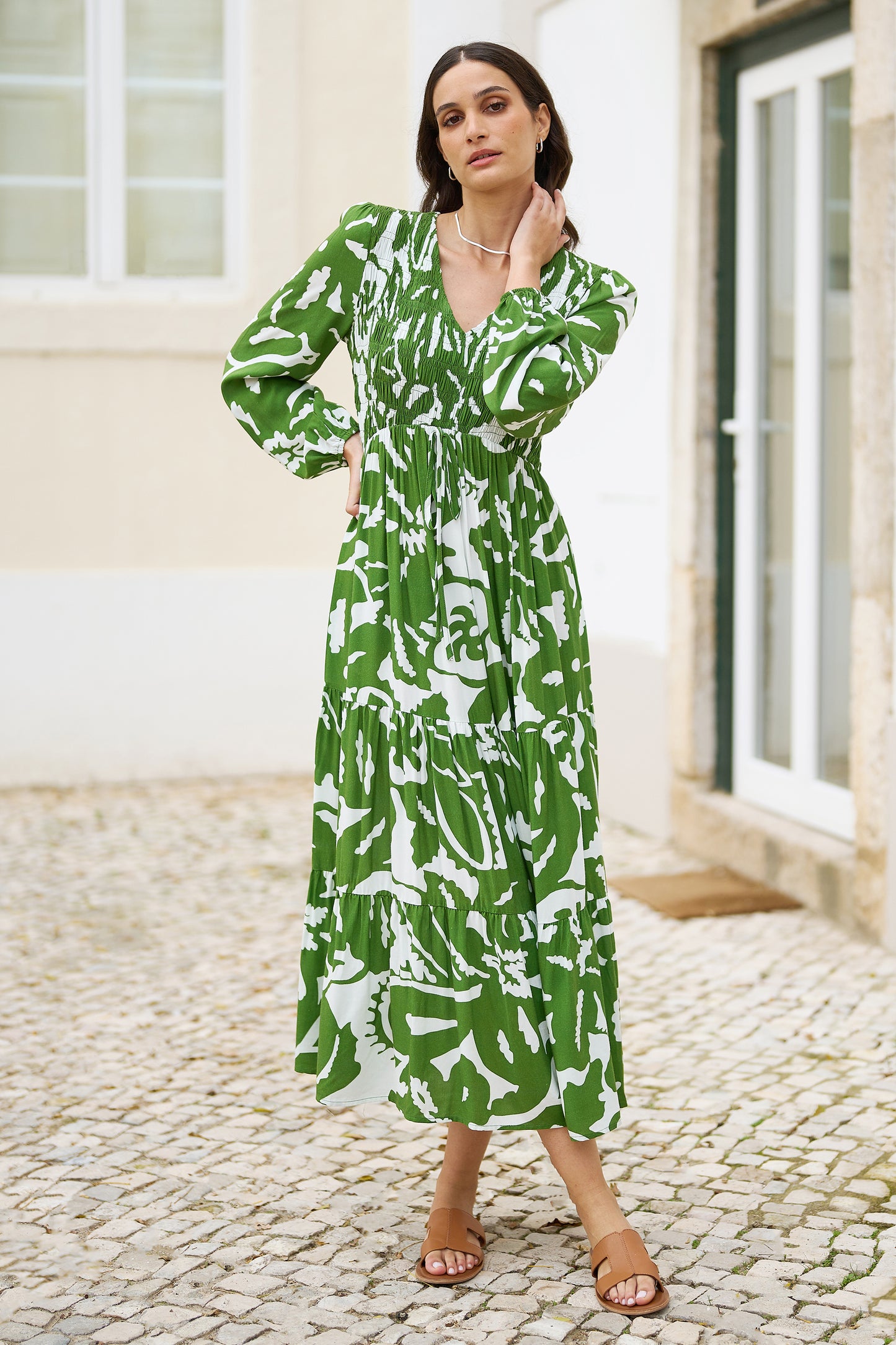 Yumi Green Abstract Print Ruched Midi Dress With Long Sleeves | Yumi Yumi Green Abstract Print Ruched Midi Dress With Long Sleeves | Yumi