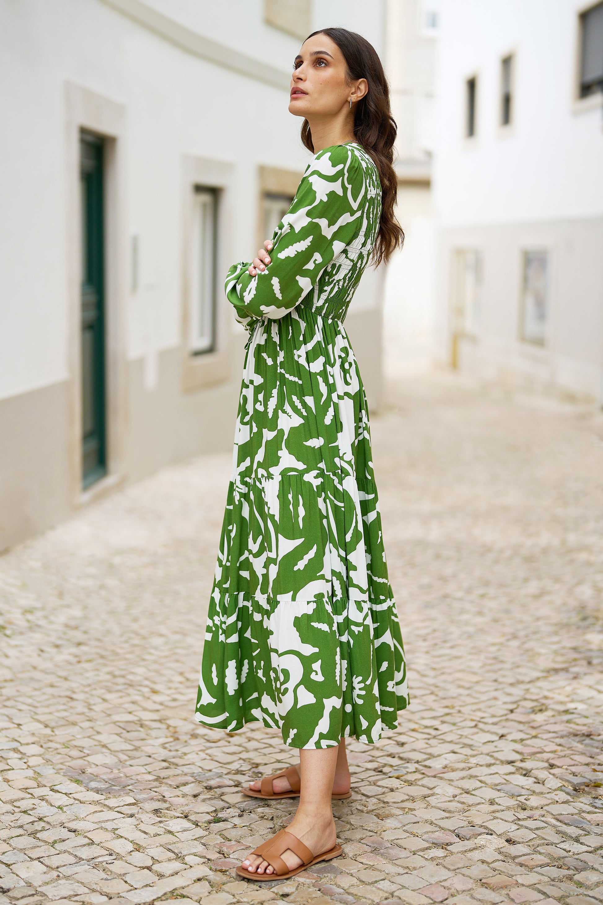 ruched midi dress uk Yumi Green Abstract Print Ruched Midi Dress With Long Sleeves
