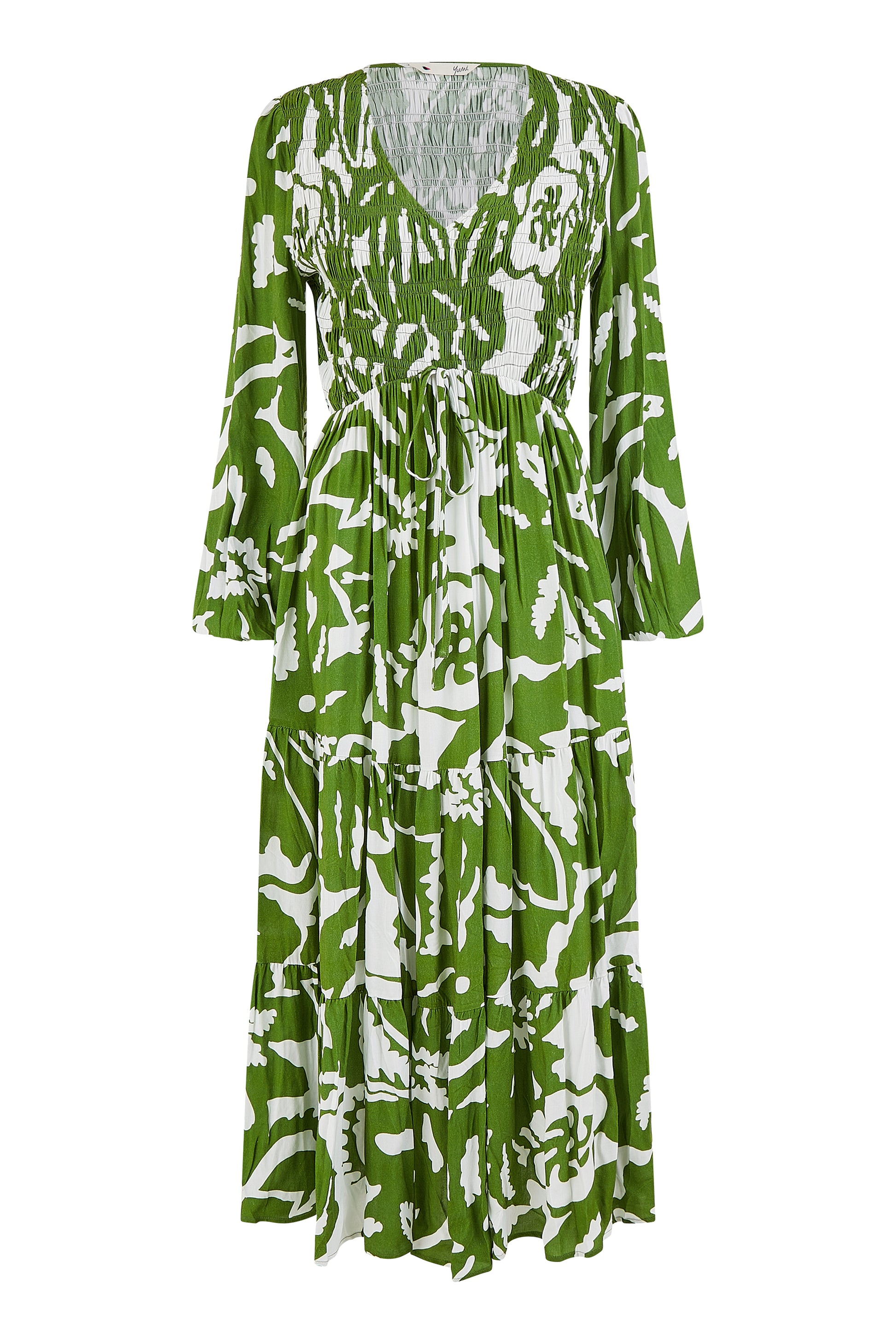 Yumi Green Abstract Print Ruched Midi Dress With Long Sleeves DRES Day Yumi