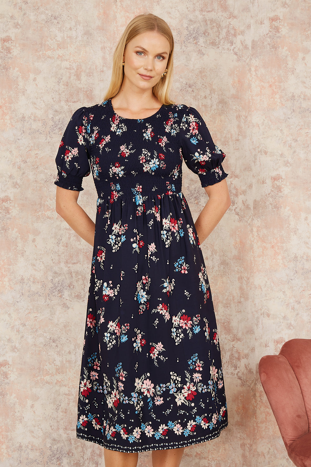 Recycled Floral Ruched Midi Dress Puff Sleeves