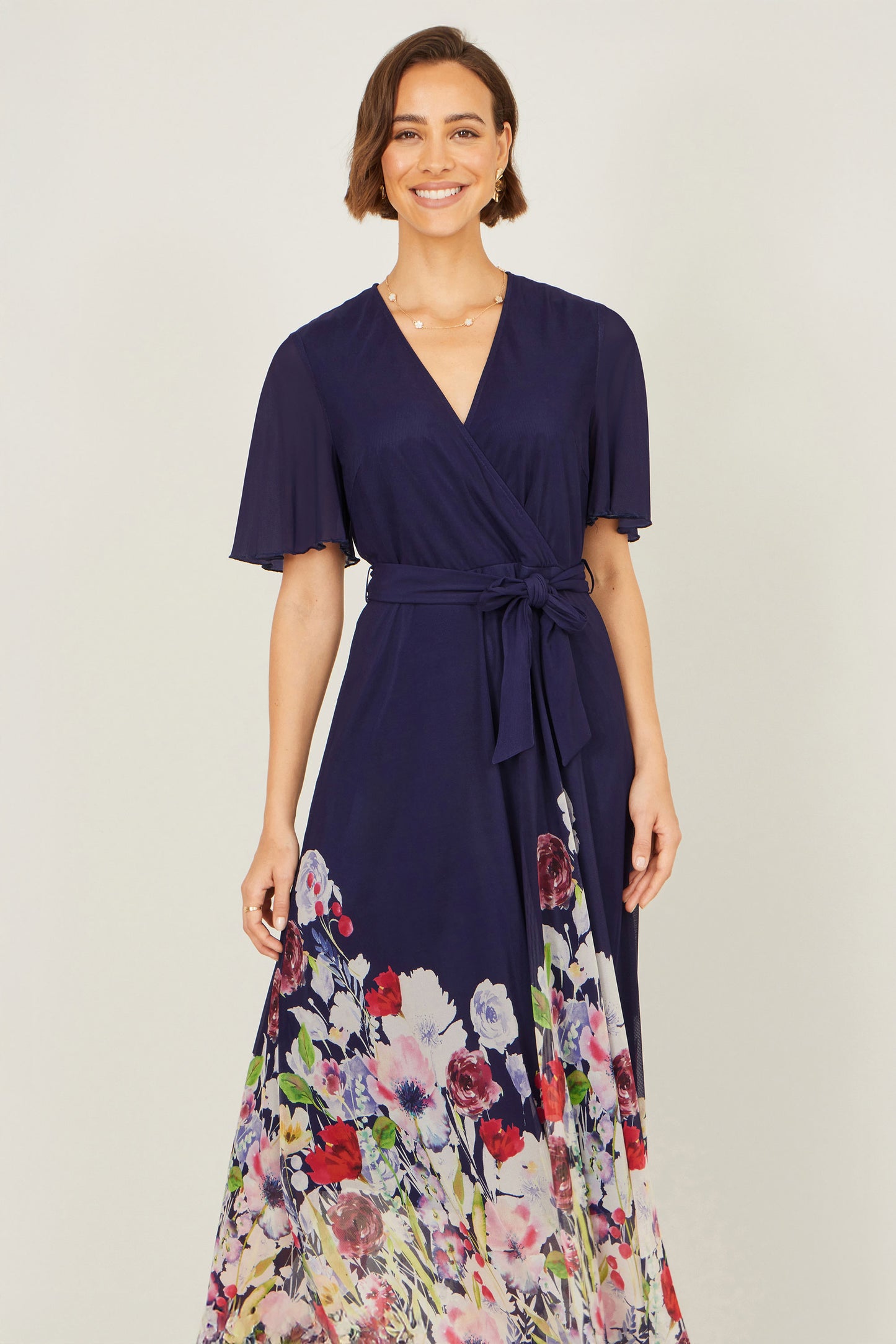 Yumi Navy Mesh Wrap Midi Dress With Floral Hem Border Occasionwear Yumi