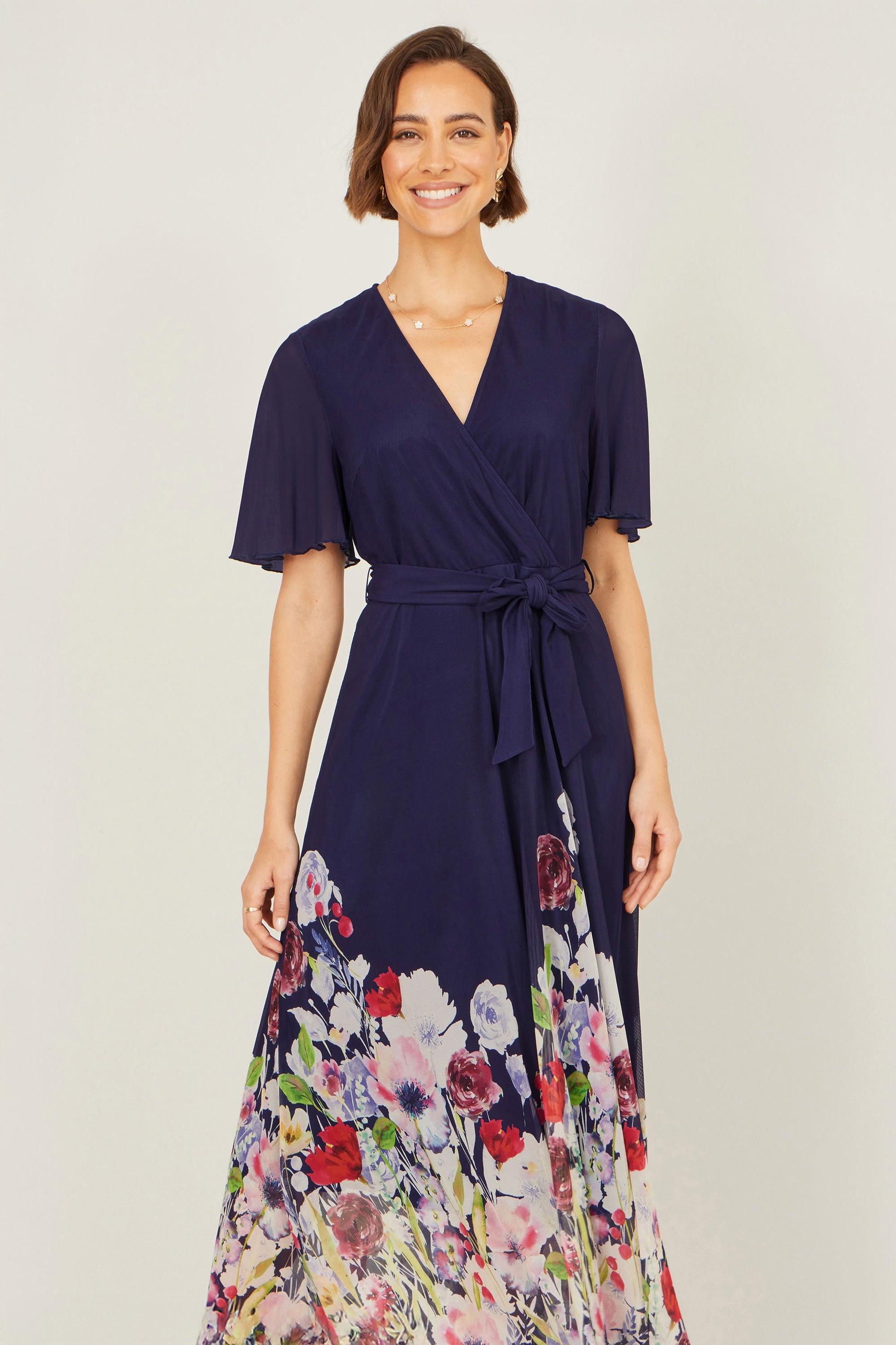 Yumi Navy Mesh Wrap Midi Dress With Floral Hem Border Occasionwear Yumi