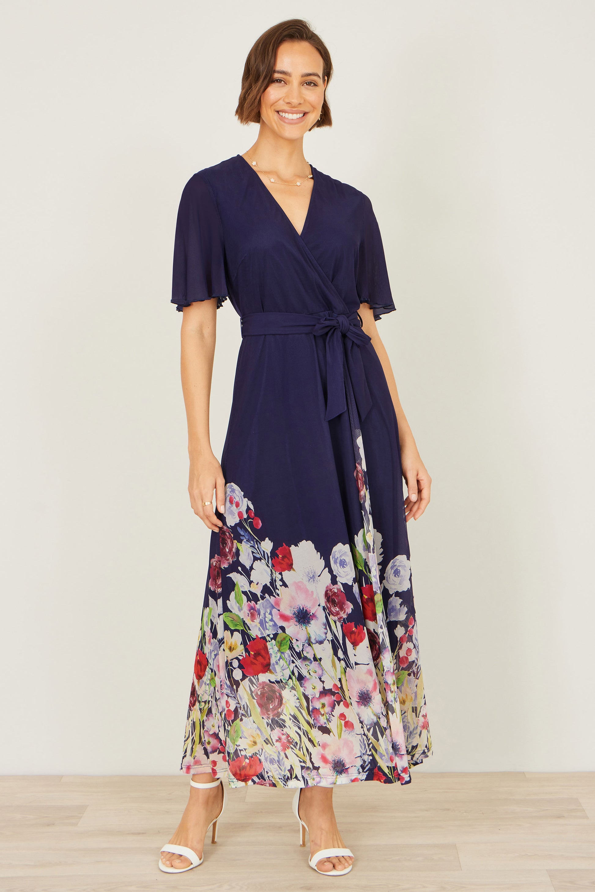 Yumi Navy Mesh Wrap Midi Dress With Floral Hem Border Occasionwear Yumi