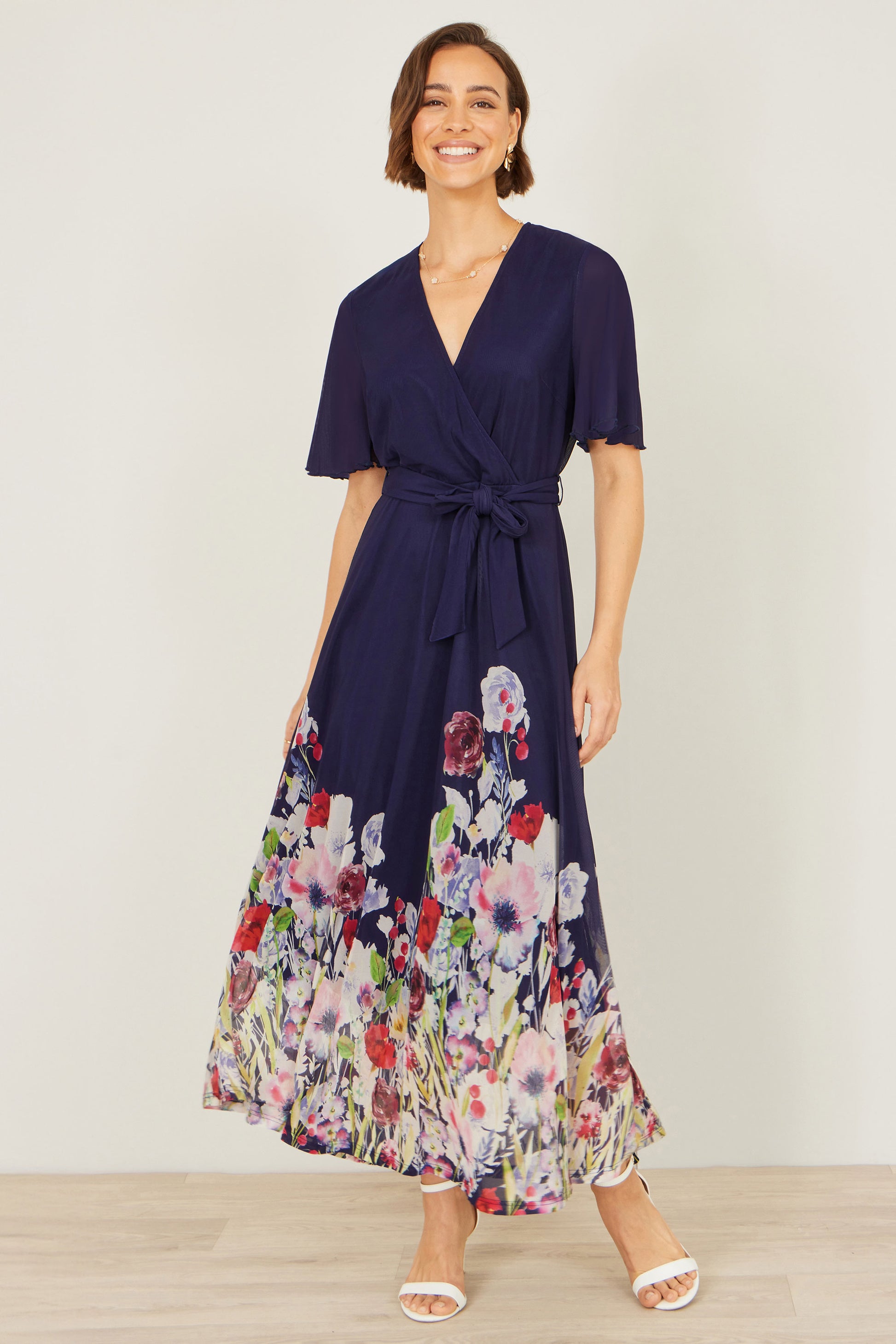 Yumi Navy Mesh Wrap Midi Dress With Floral Hem Border Occasionwear Yumi