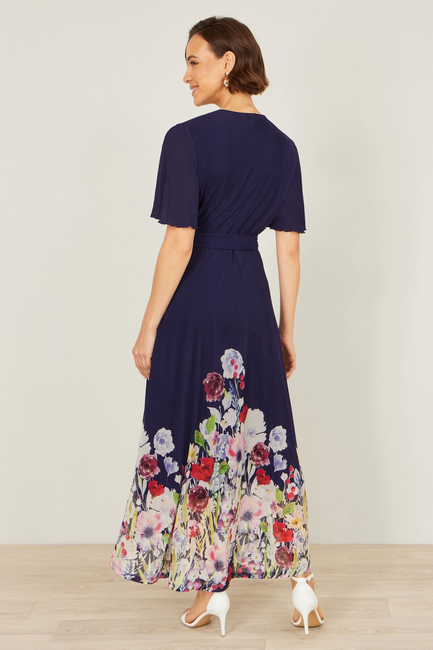 Yumi Navy Mesh Wrap Midi Dress With Floral Hem Border Occasionwear Yumi