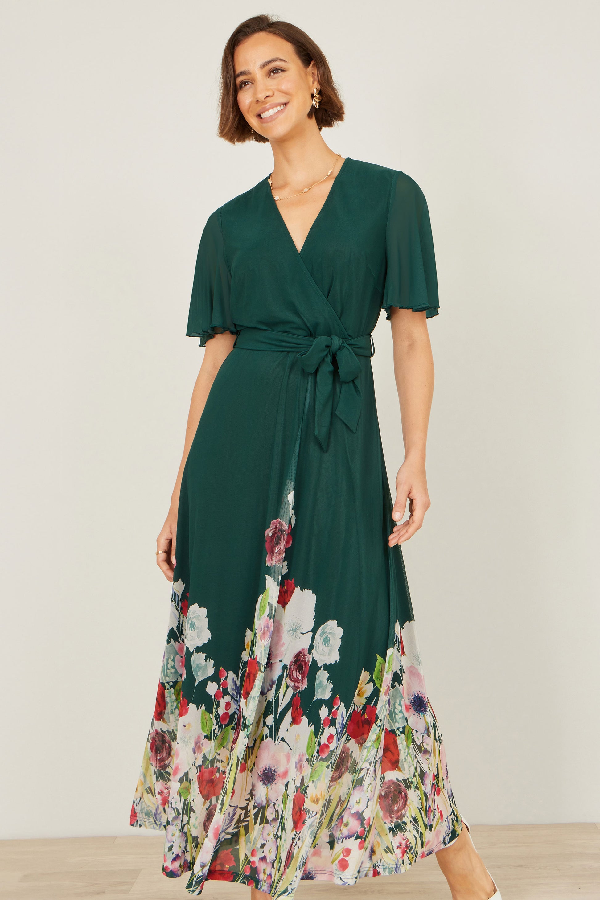 Yumi Green Mesh Wrap Midi Dress With Floral Hem Border Dress Occasion Yumi