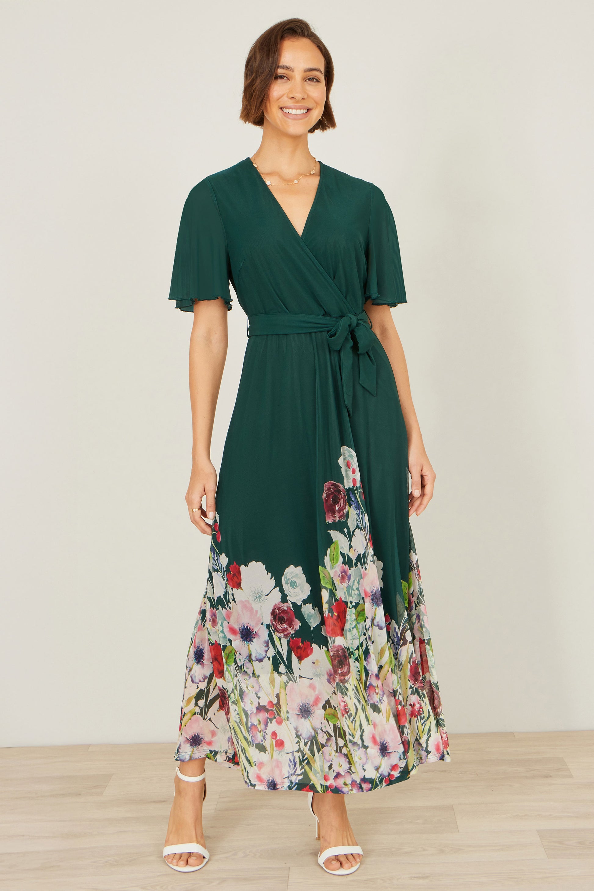 Yumi Green Mesh Wrap Midi Dress With Floral Hem Border Dress Occasion Yumi