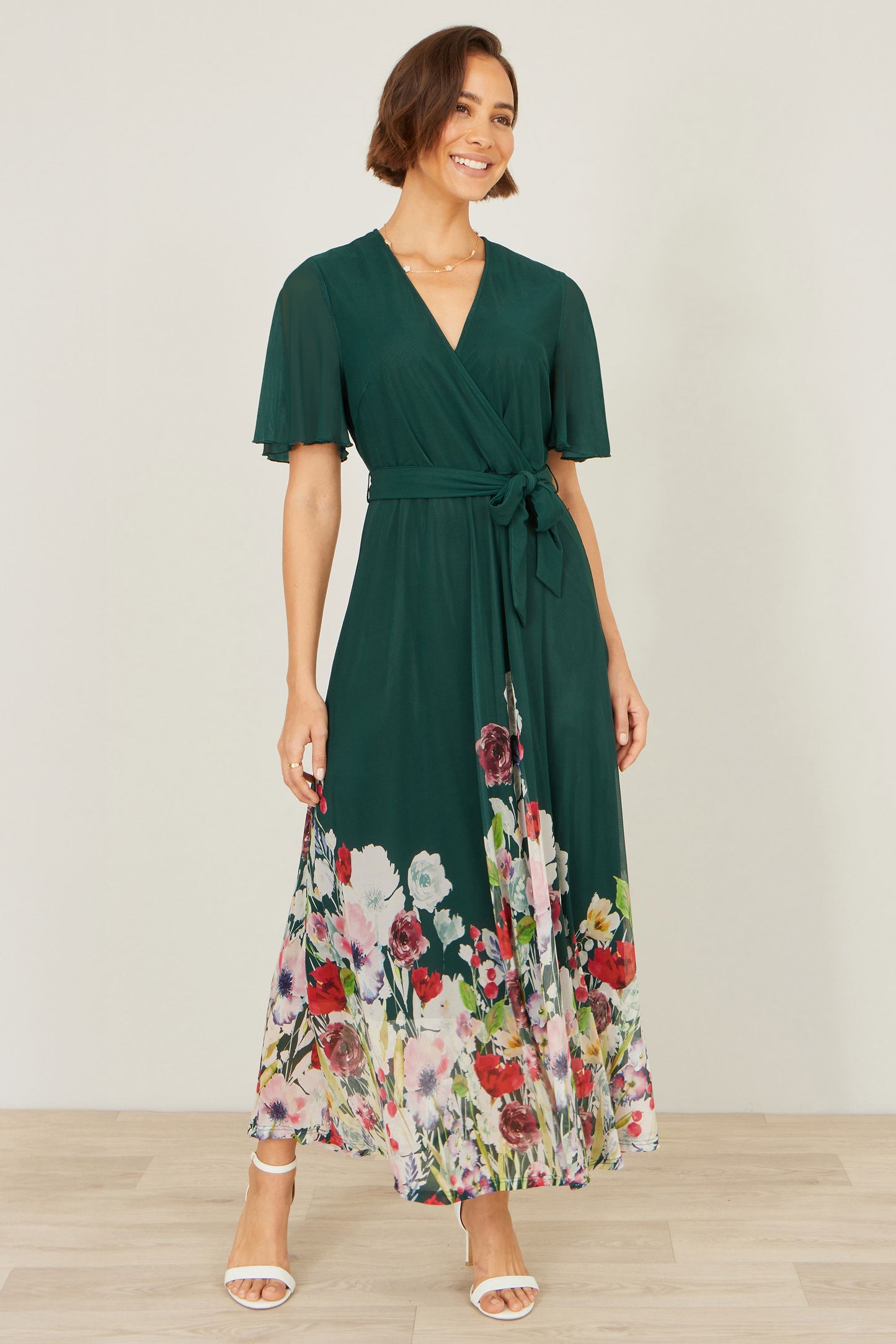 Yumi Green Mesh Wrap Midi Dress With Floral Hem Border Dress Occasion Yumi