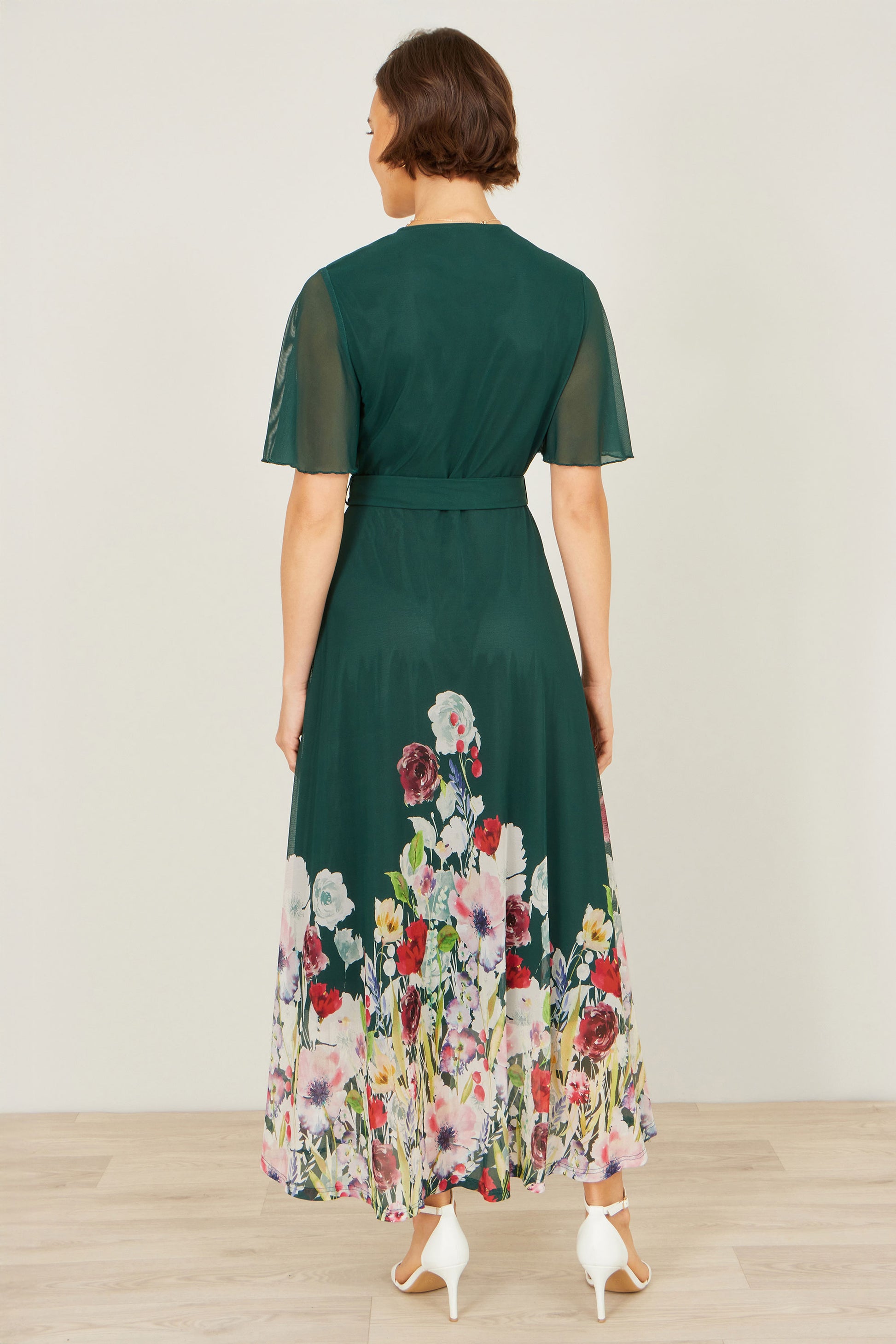Yumi Green Mesh Wrap Midi Dress With Floral Hem Border Dress Occasion Yumi