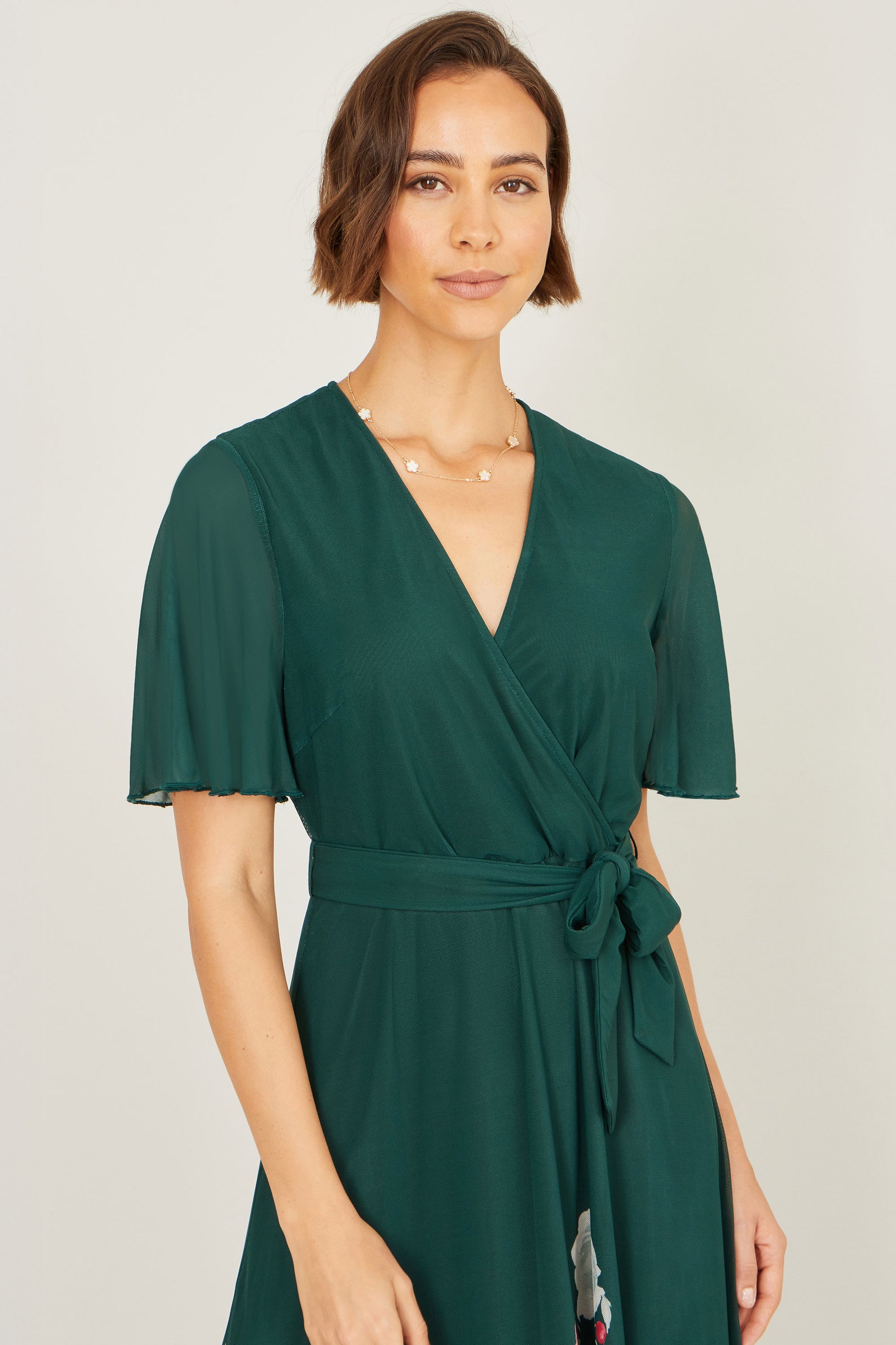 Yumi Green Mesh Wrap Midi Dress With Floral Hem Border Dress Occasion Yumi