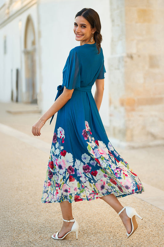 Yumi Teal Mesh Wrap Midi Dress With Floral Hem Border Occasionwear Yumi