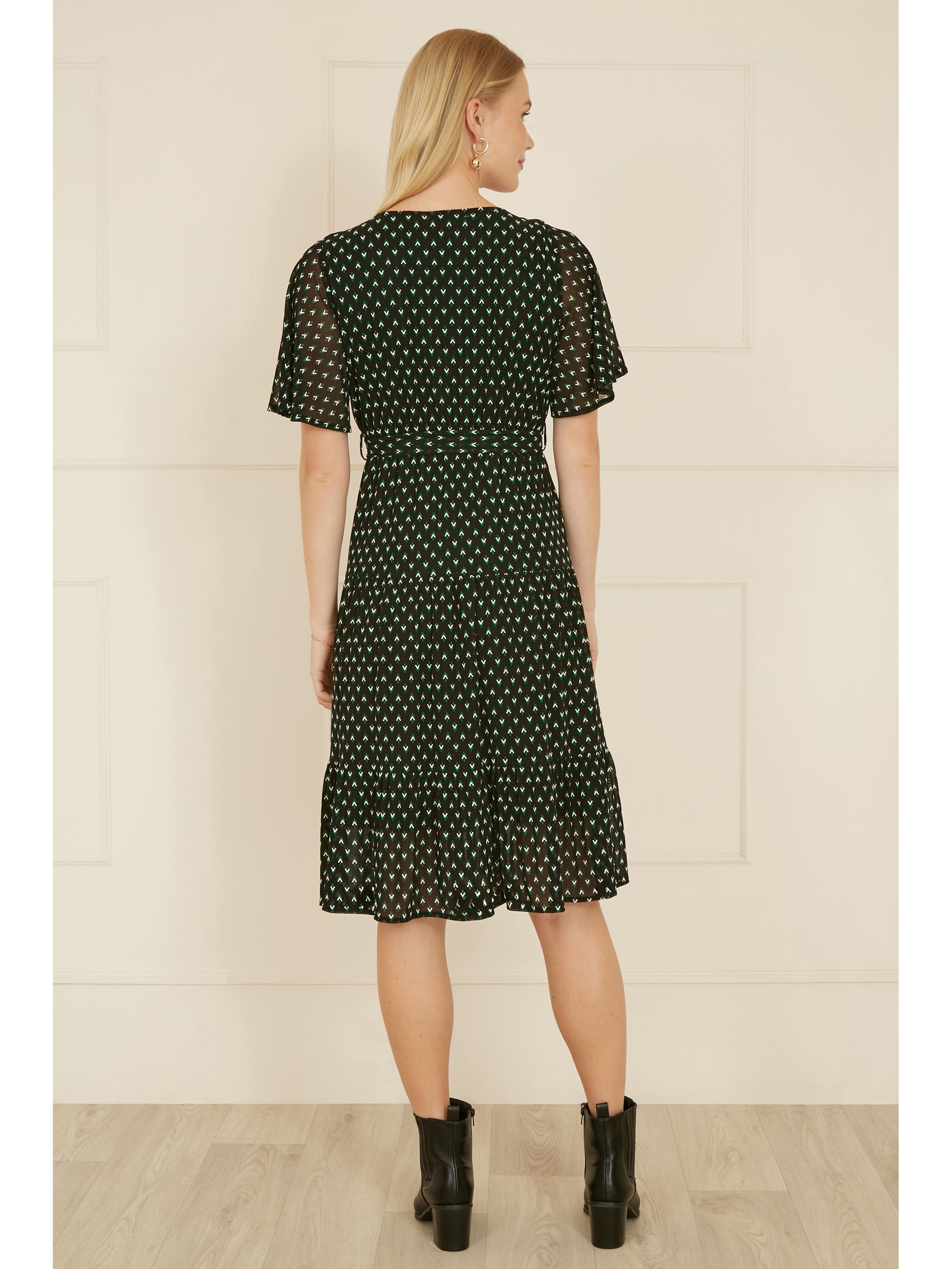 Yumi Black Dot Print Mesh Stretch Midi Skater Dress Yumi