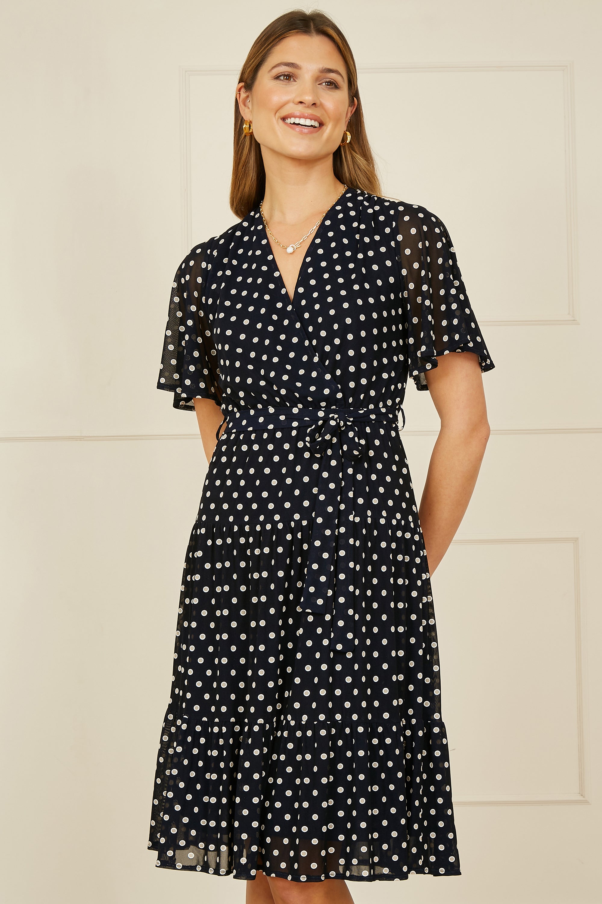 Dot Print Mesh Stretch Midi Skater Dress